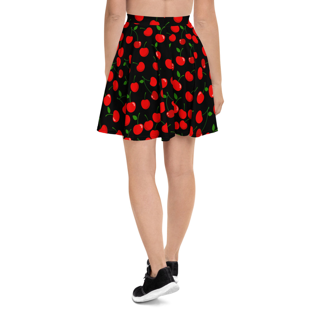 Women’s black cherry skater skirt with red cherry print green stems flowy high waisted upf 50 recycled fabric
