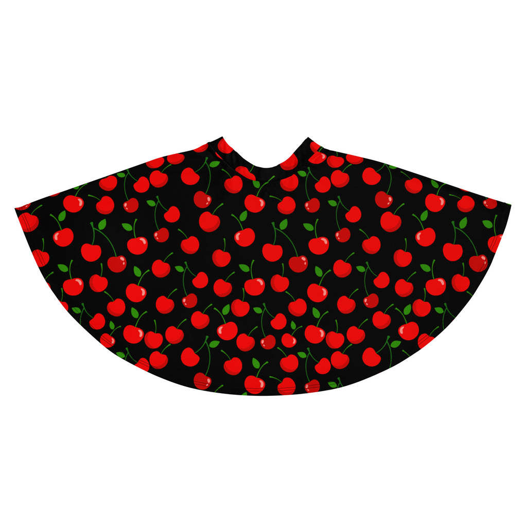 Women’s black cherry skater skirt with vibrant red cherries green stems flowy high waisted upf 50 plus recycled fabric