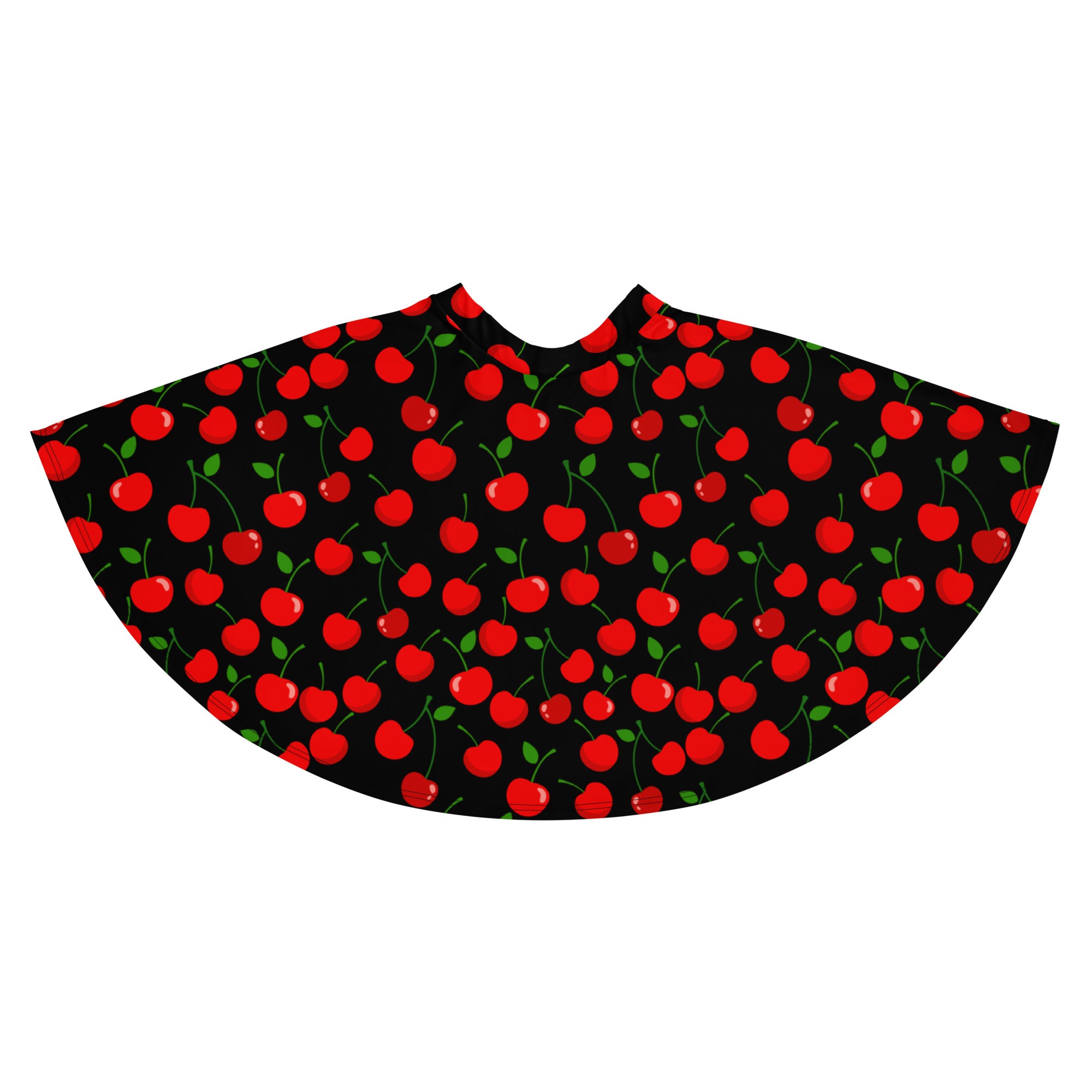 Women’s black cherry skater skirt with vibrant red cherries green stems flowy high waisted upf 50 plus recycled fabric