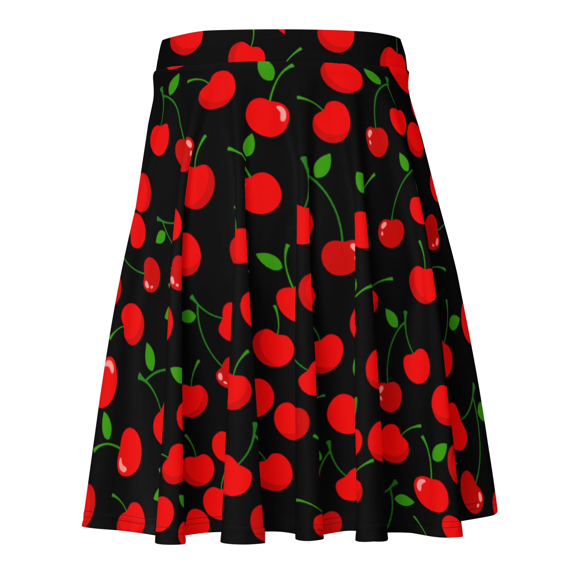 Women’s black cherry skater skirt with pleats vibrant red cherry pattern flowy high waisted upf 50 plus recycled fabric