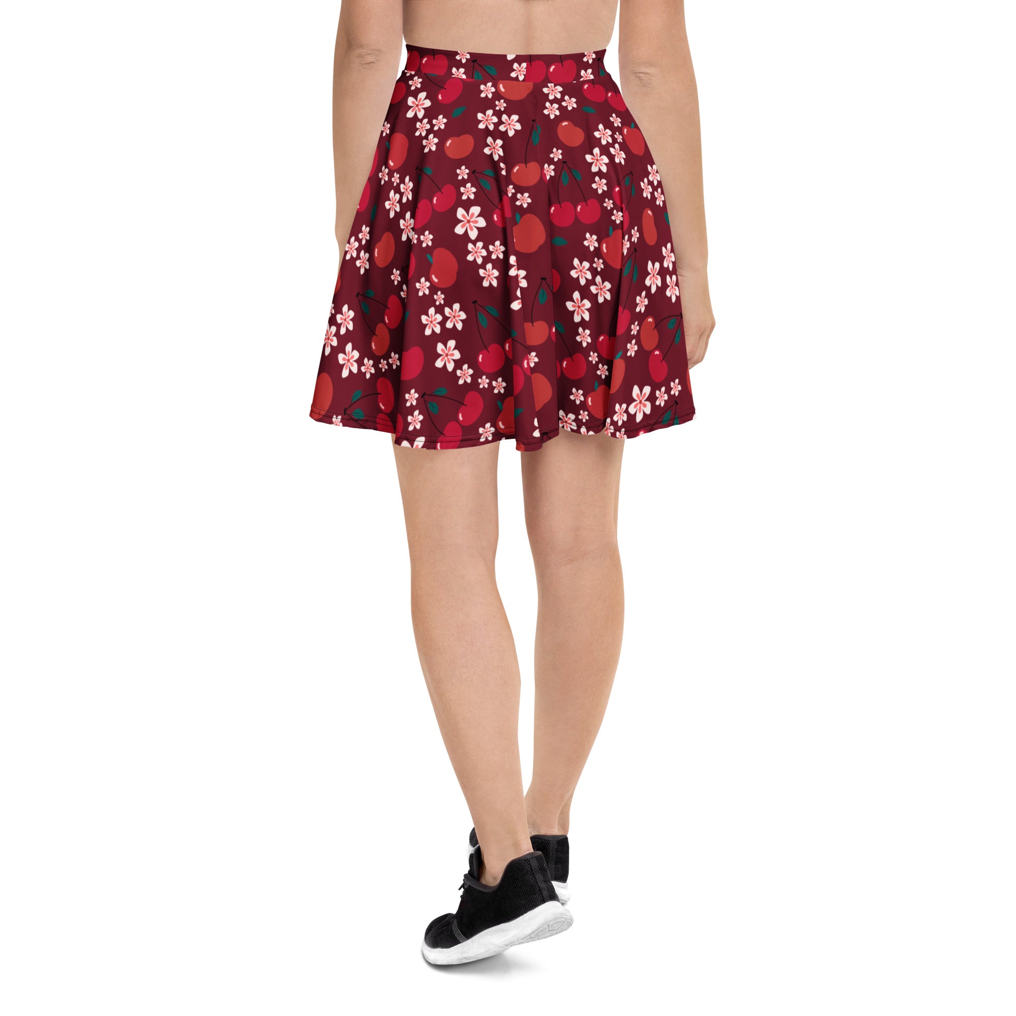 Women’s burgundy cherry blossom skater skirt with flowy high waisted design and upf 50 plus recycled fabric