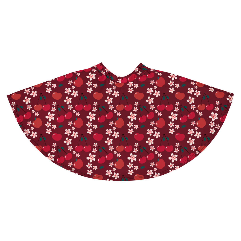 Women’s burgundy cherry blossom skater skirt with vibrant red cherry pattern flowy high waisted fabric with upf 50+