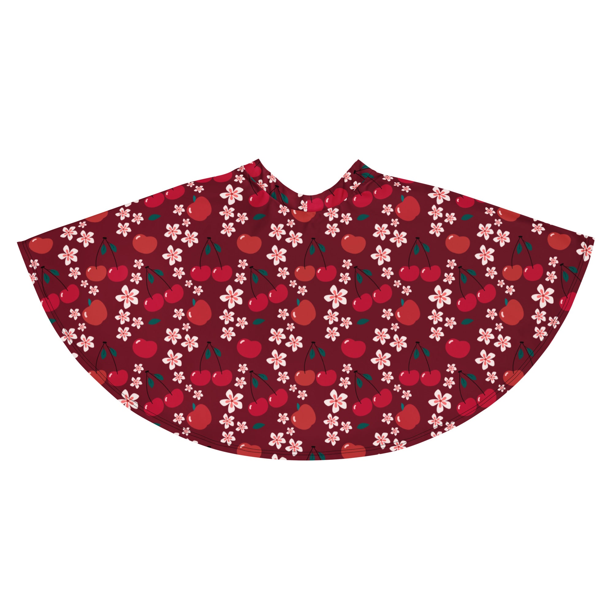Women’s burgundy cherry blossom skater skirt with vibrant red cherry pattern flowy high waisted fabric with upf 50+
