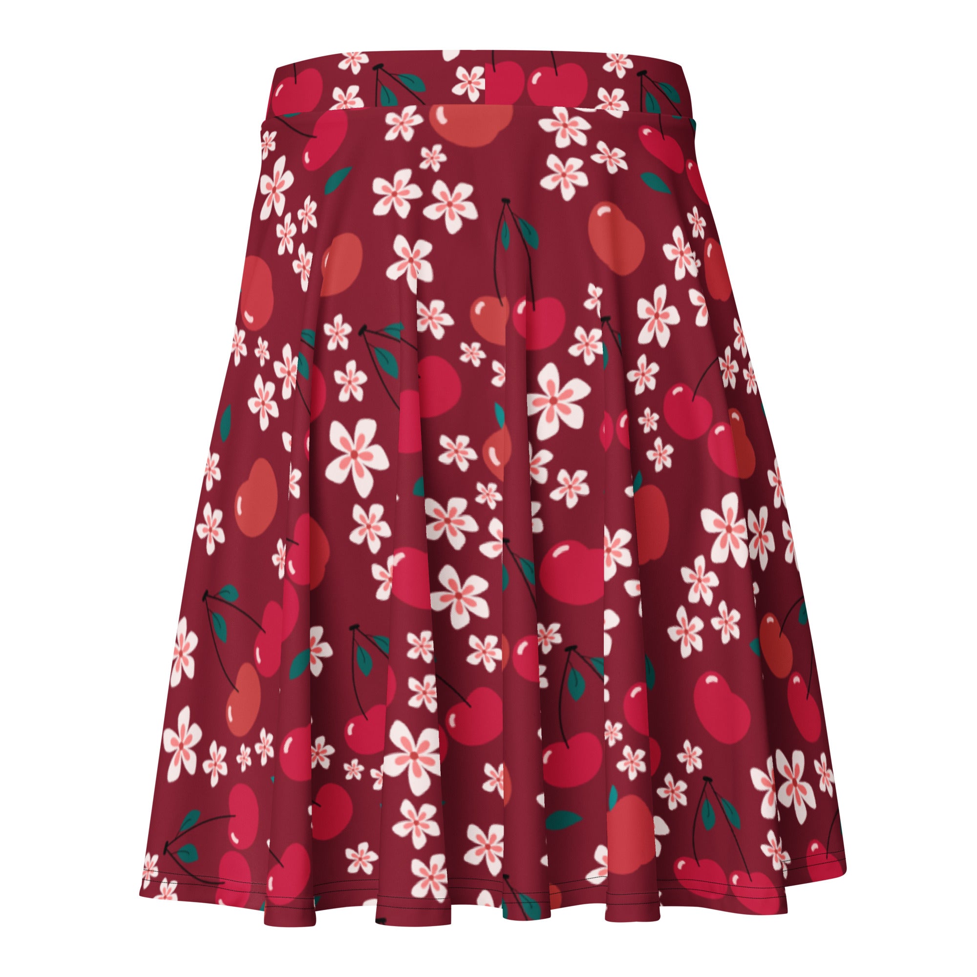 Women’s burgundy cherry blossom skater skirt pleated with red cherry and white blossom pattern flowy high waisted upf 50+ recycled fabric