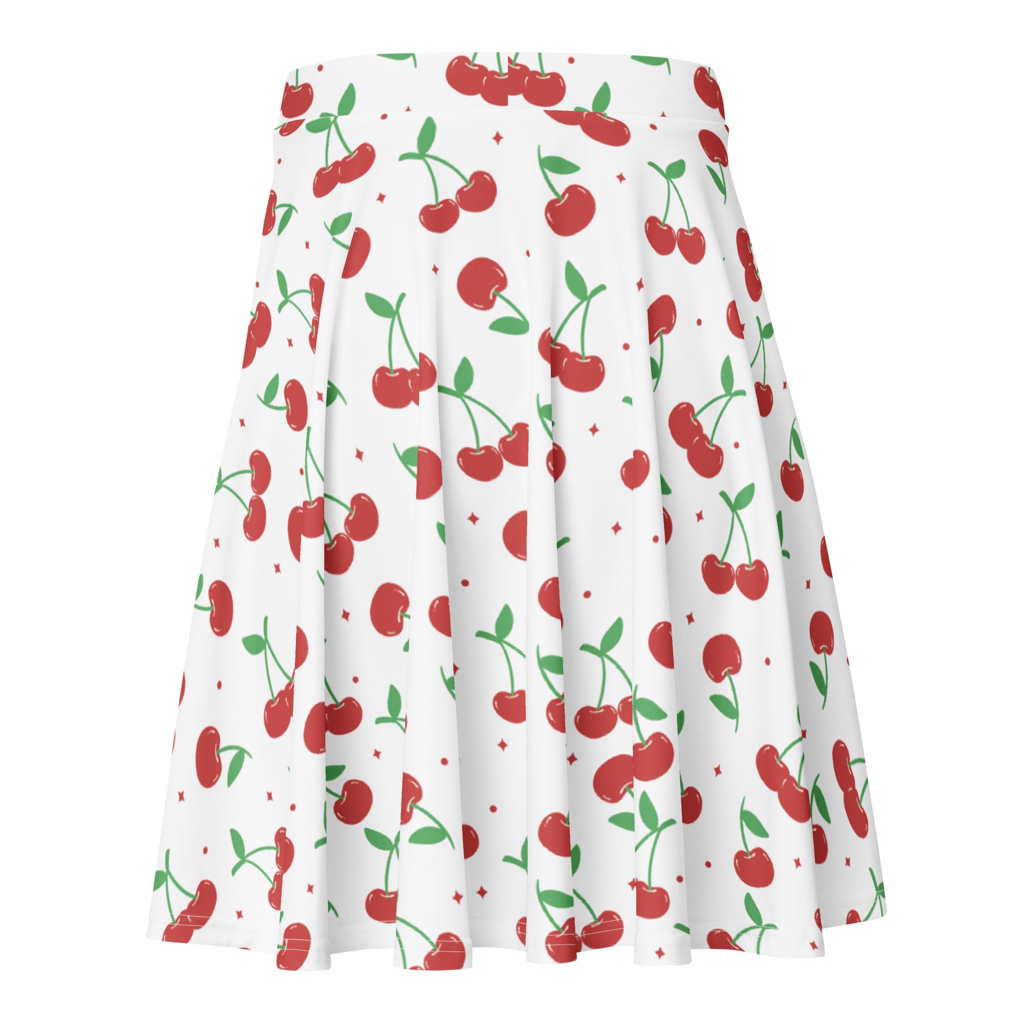 Women’s white cherry skater skirt with pleats red cherry pattern green stems flowy high waisted recycled fabric upf 50+