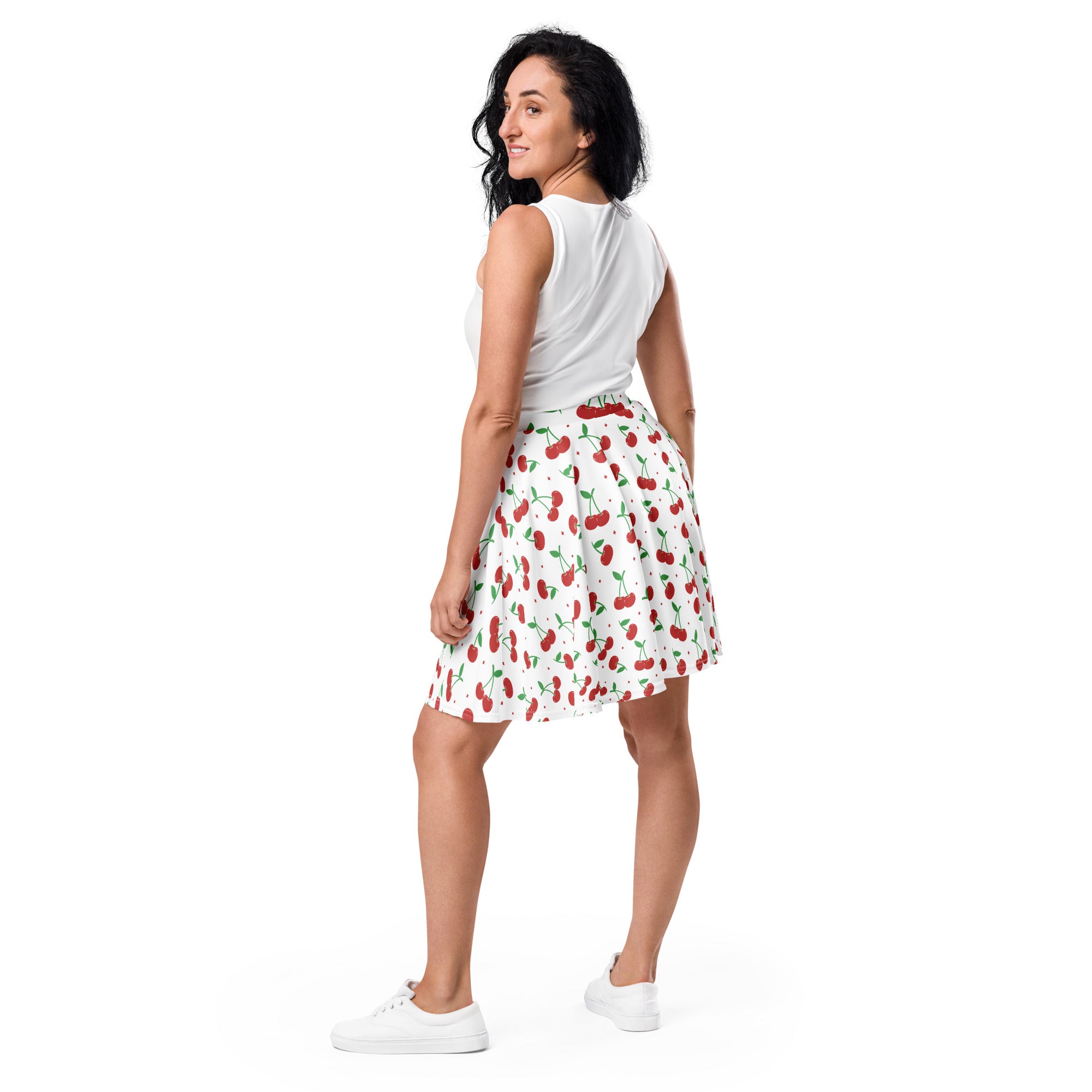 Women’s white cherry skater skirt with red cherry print green stems flowy high waisted upf 50 plus recycled fabric