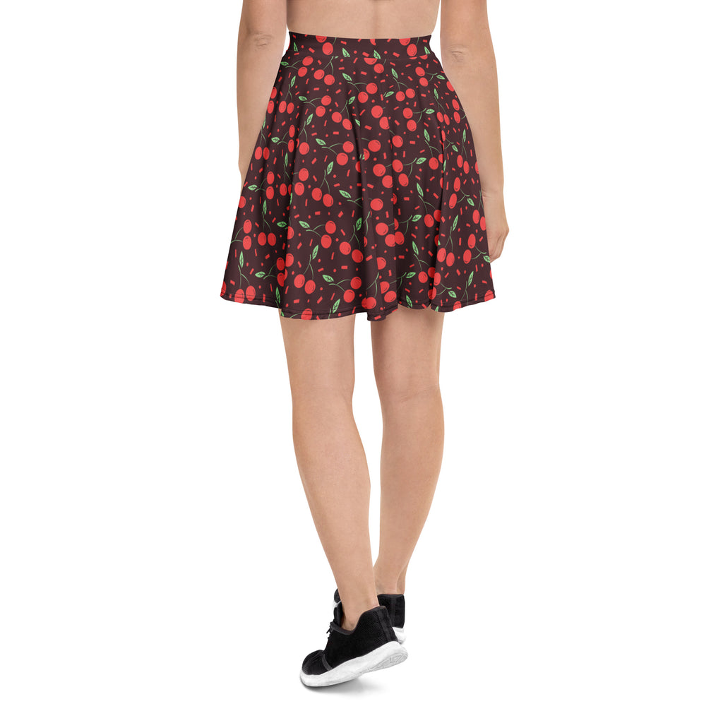 Women’s dark cherry skater skirt with flared fit vibrant cherry pattern flowy high waisted recycled fabric upf 50+