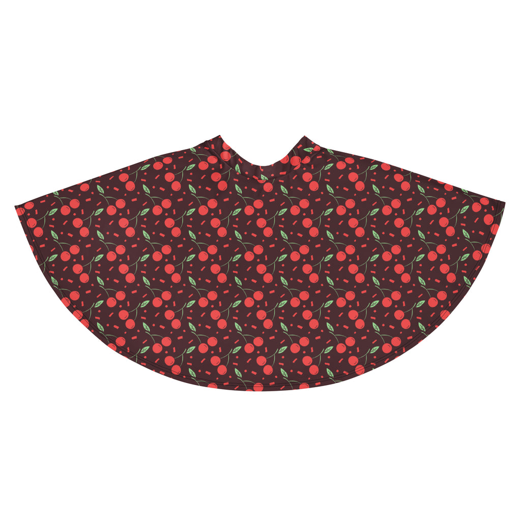 Women’s dark cherry skater skirt flowy high waisted with bright red cherry print green leaves and pink sprinkles on maroon fabric