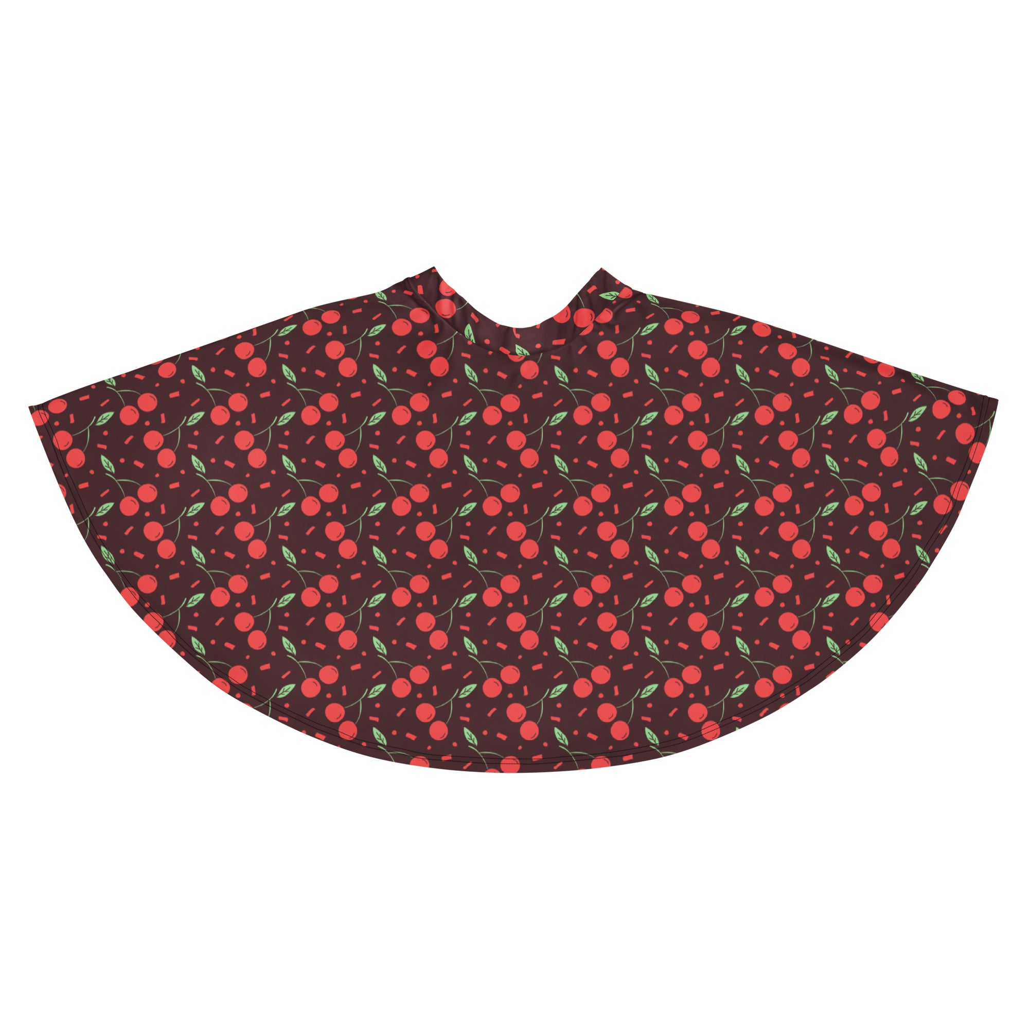 Women’s dark cherry skater skirt flowy high waisted with bright red cherry print green leaves and pink sprinkles on maroon fabric
