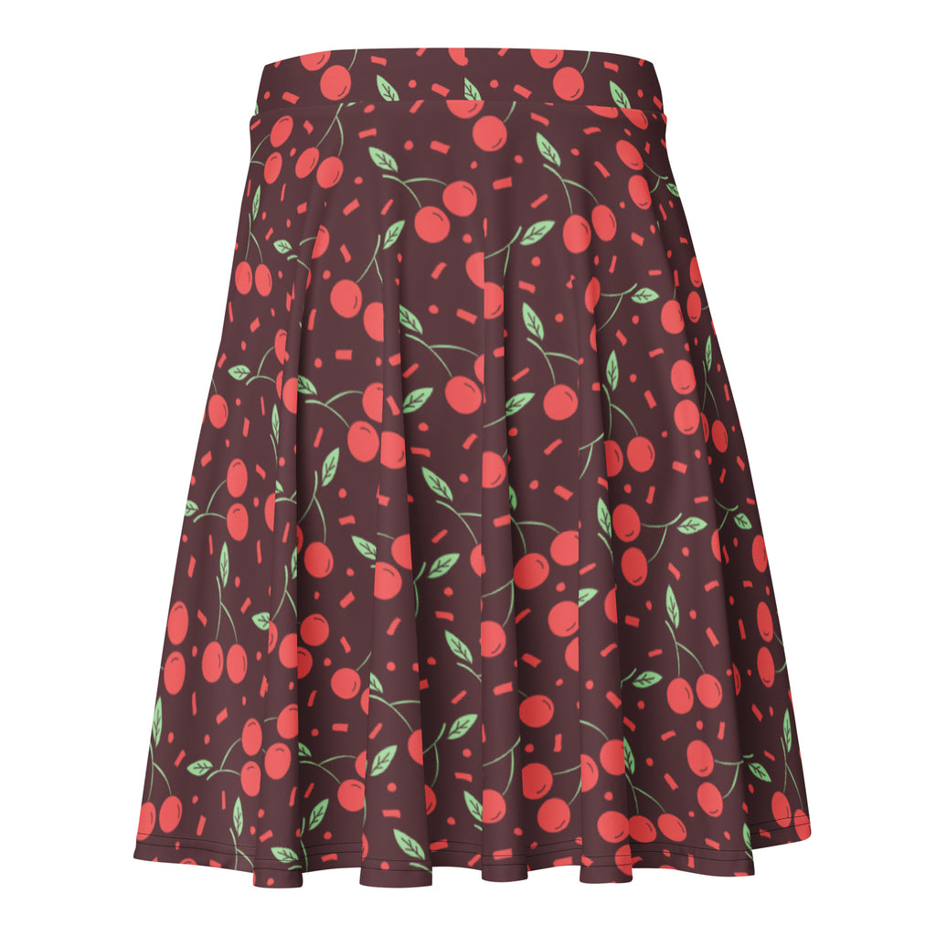 Women’s dark cherry skater skirt in dark brown pleated recycled fabric with red cherries green stems and pink sprinkles