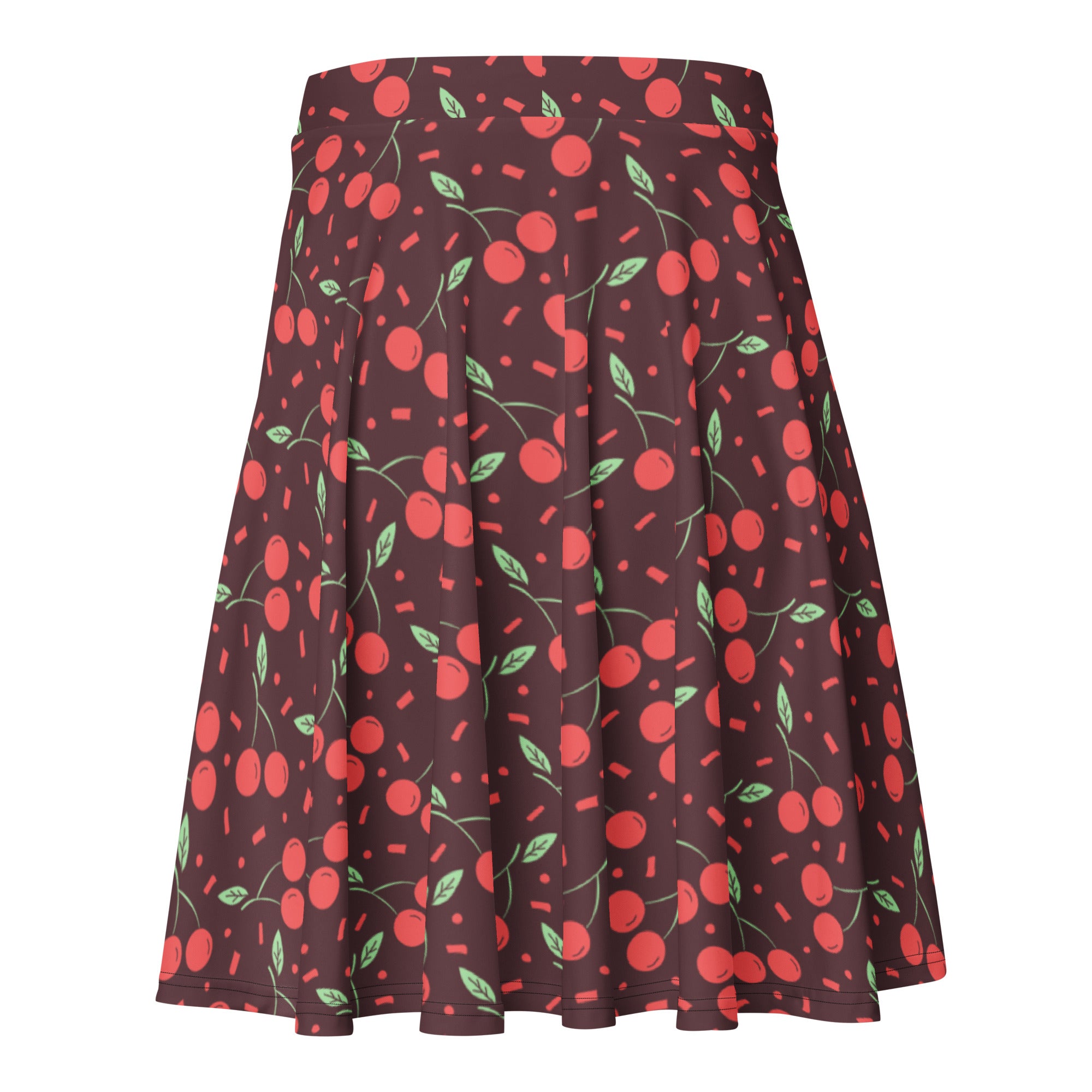 Women’s dark cherry skater skirt in dark brown pleated recycled fabric with red cherries green stems and pink sprinkles