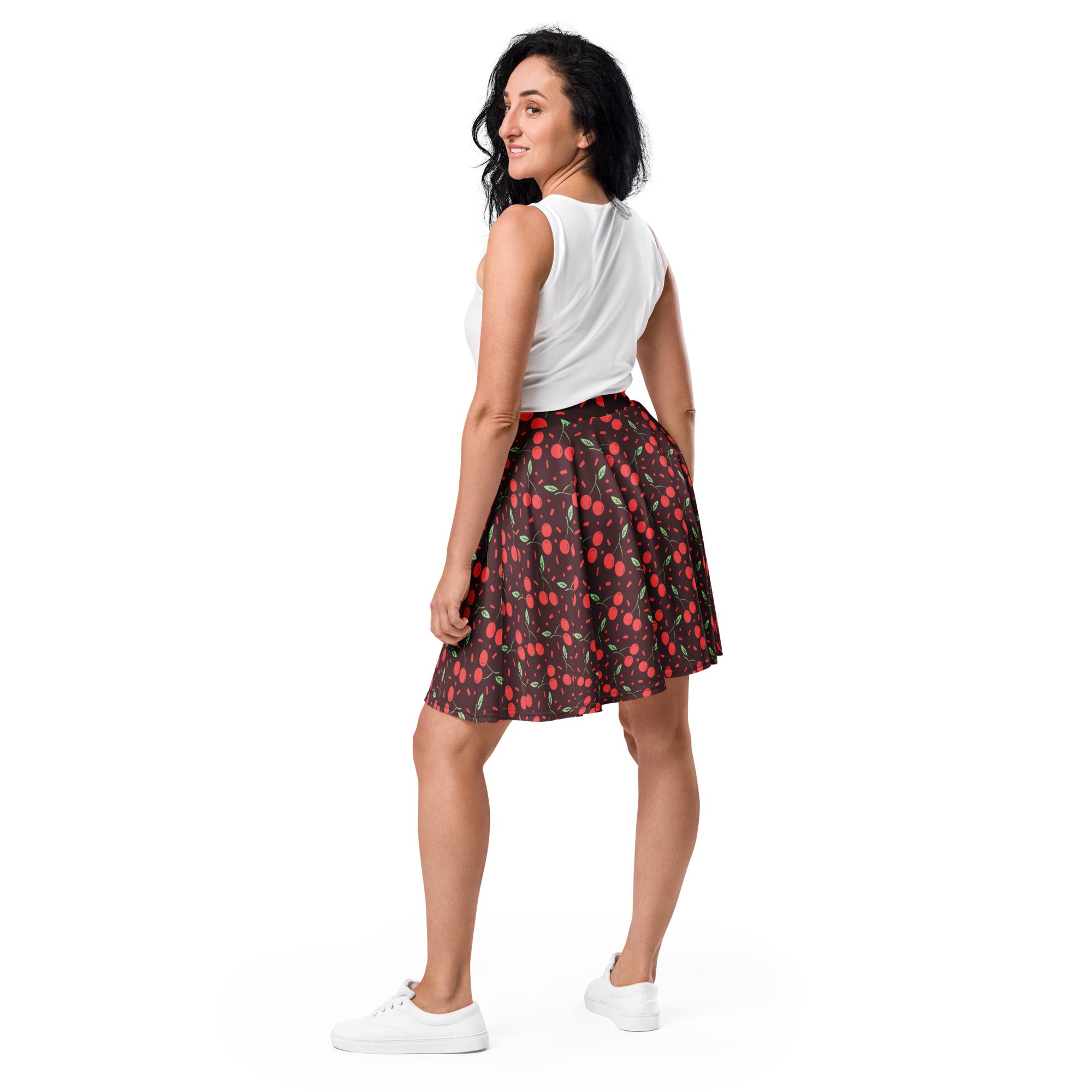 Women’s dark cherry skater skirt with vibrant red cherry prints green leaves flowy high waisted recycled fabric upf 50+