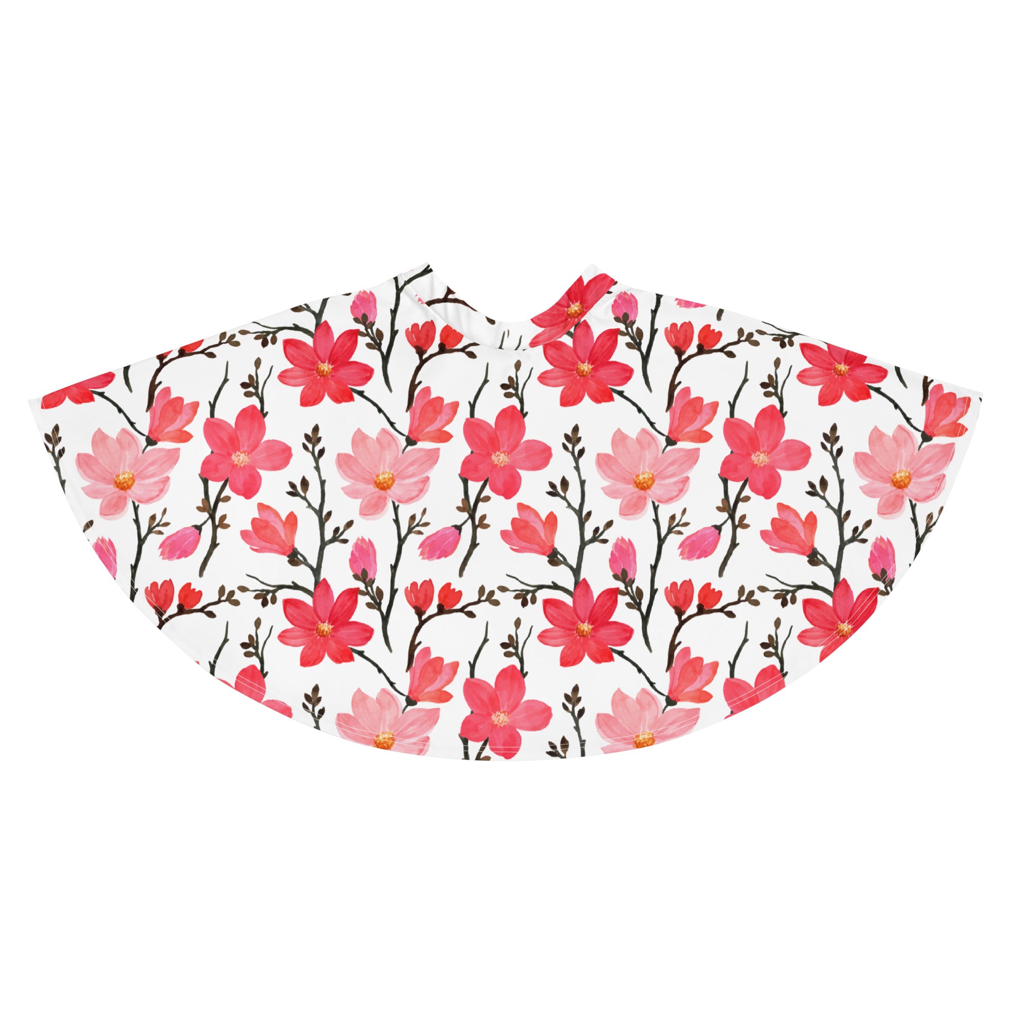 A white women’s skater skirt with vibrant pink and red magnolia blossoms on dark branches made from recycled fabric