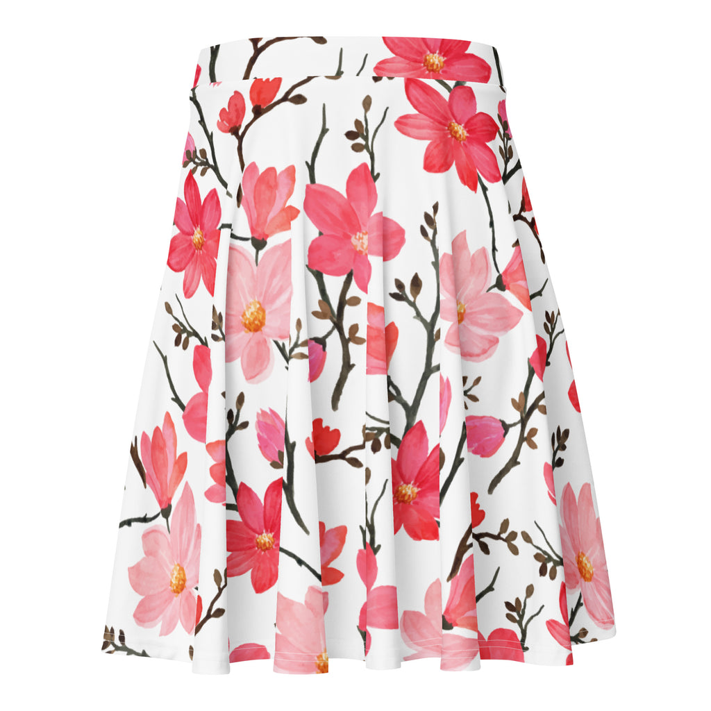 Women’s pink watercolor floral skater skirt with white pleats flowy high waisted upf 50 plus recycled fabric