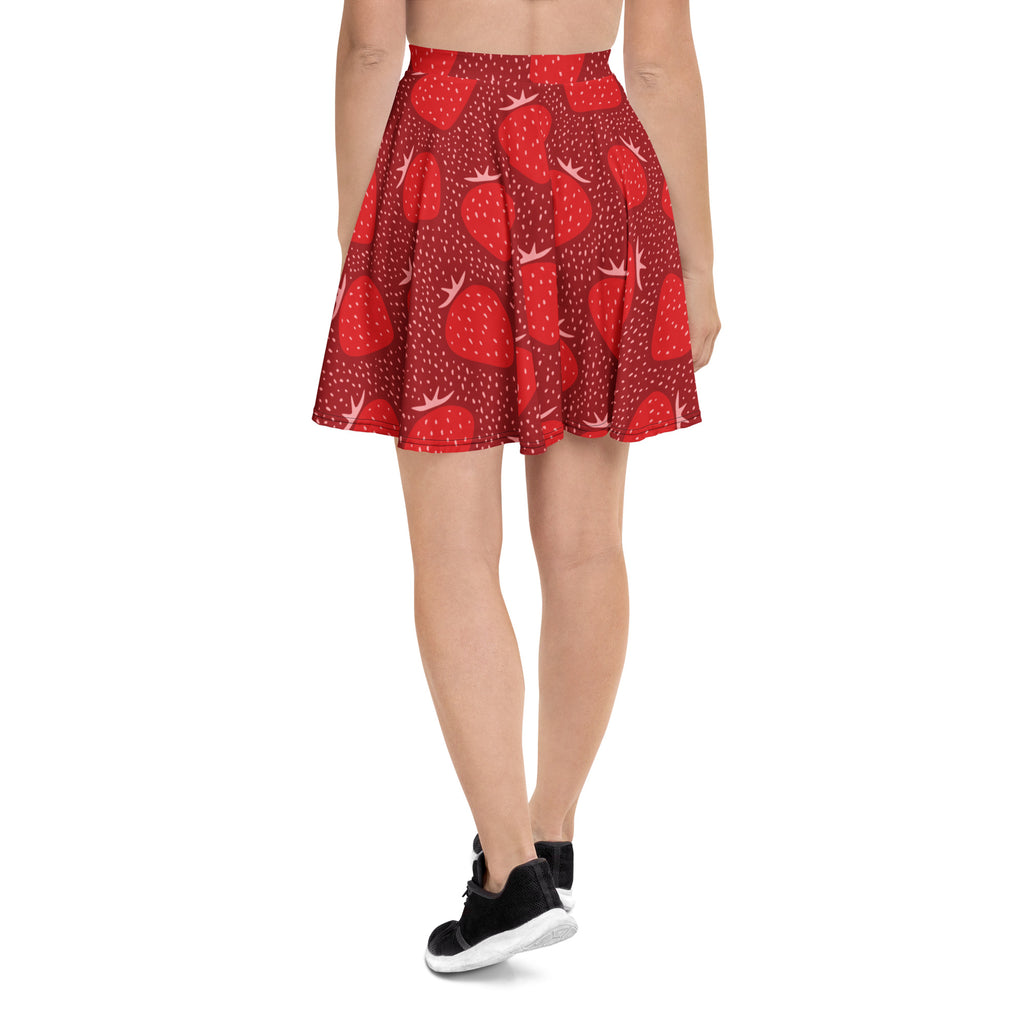 Women’s red strawberry patterned flared skirt with white outlines dotted details flowy high waisted recycled fabric upf 50+