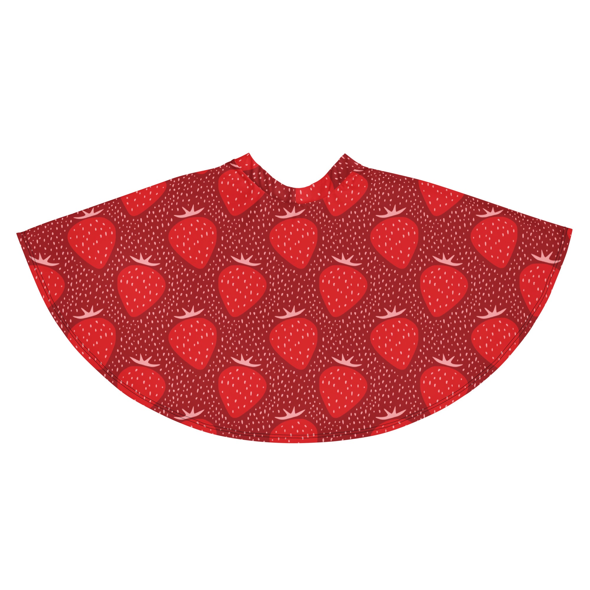 Red strawberry-patterned cape with playful illustration on soft fabric in women’s strawberry floral skater skirt style