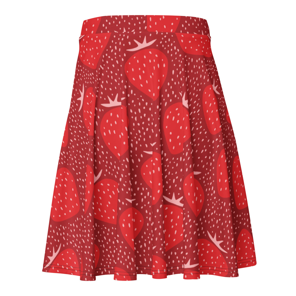 Women’s strawberry floral skater skirt in vibrant red with oversized strawberry pattern flowy high waisted upf 50 recycled fabric