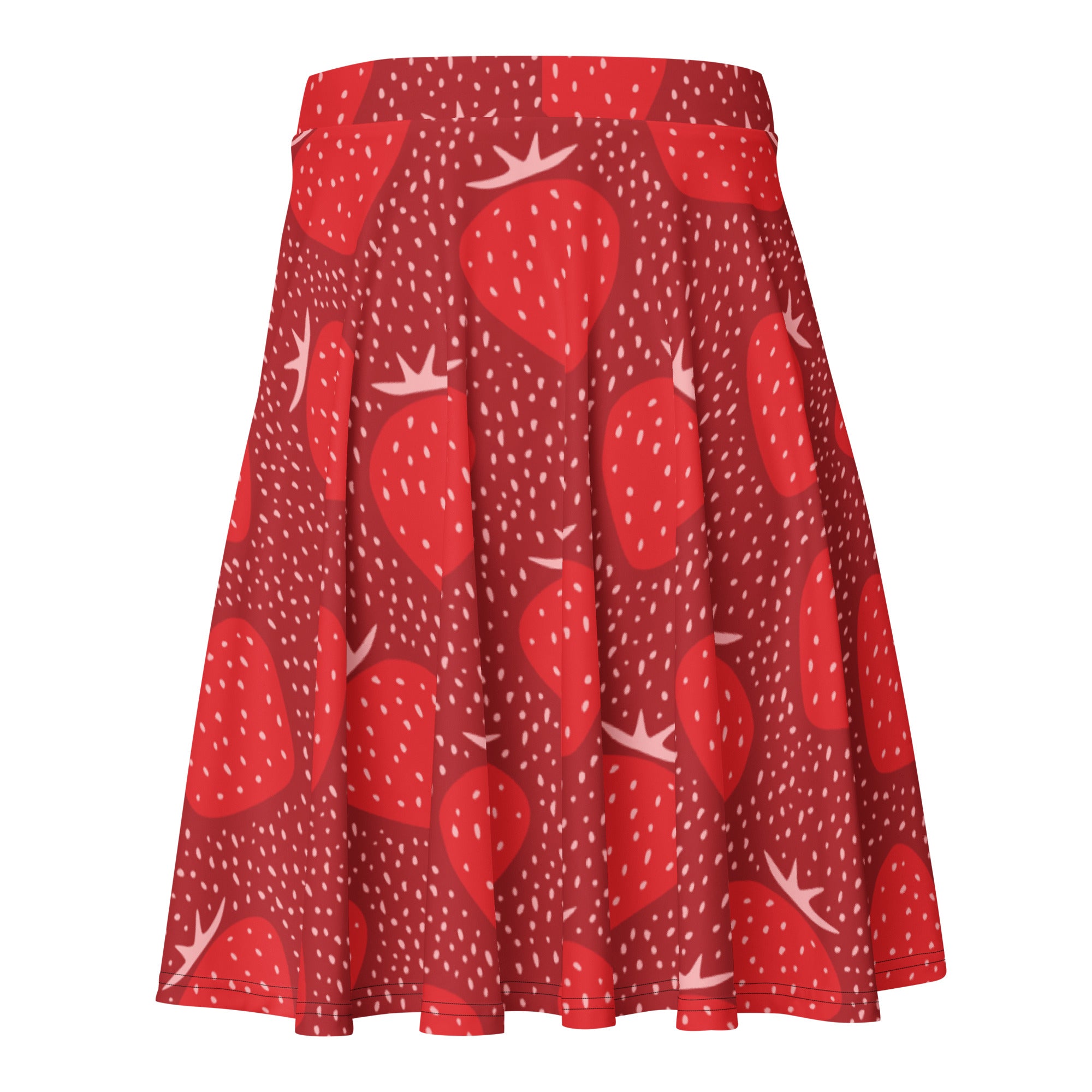 Women’s strawberry floral skater skirt in vibrant red with oversized strawberry pattern flowy high waisted upf 50 recycled fabric