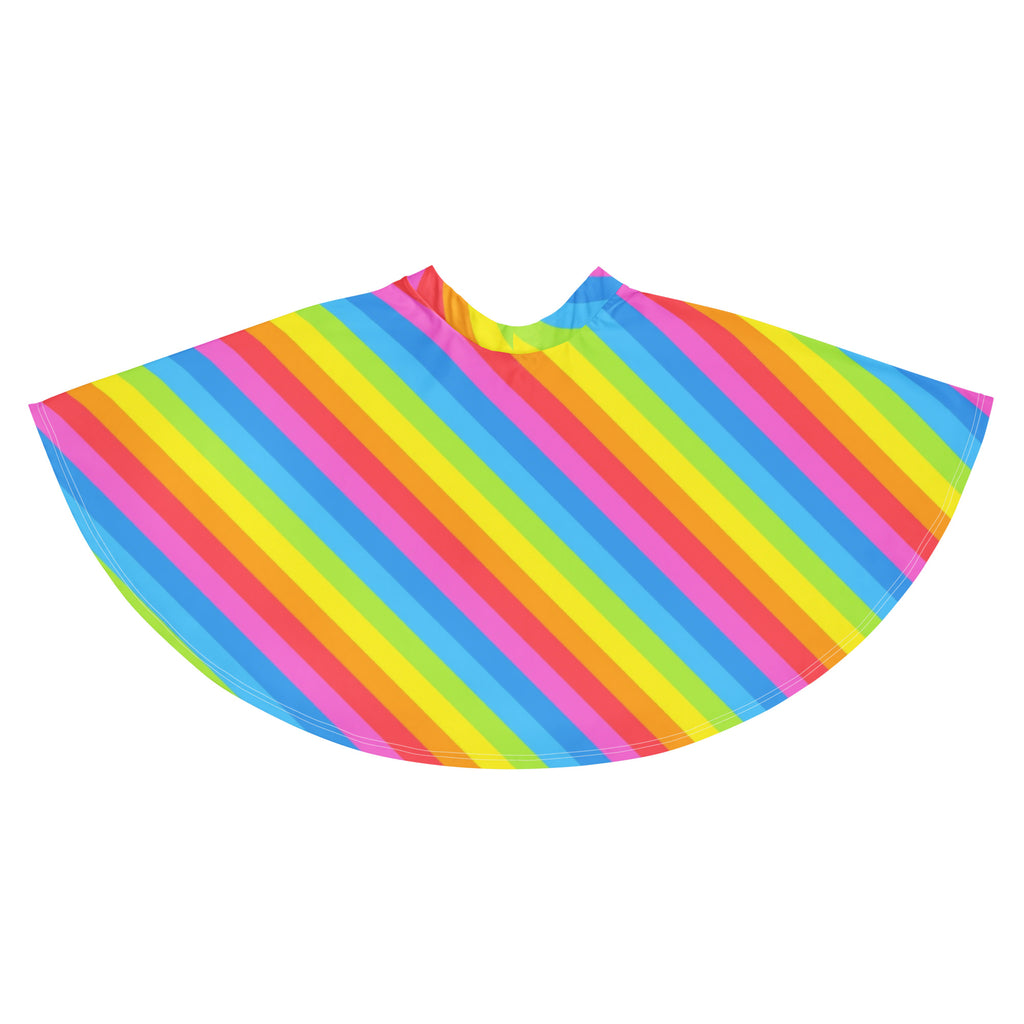 A vibrant rainbow-striped women’s skater skirt with diagonal pink yellow blue green stripes made from recycled fabric