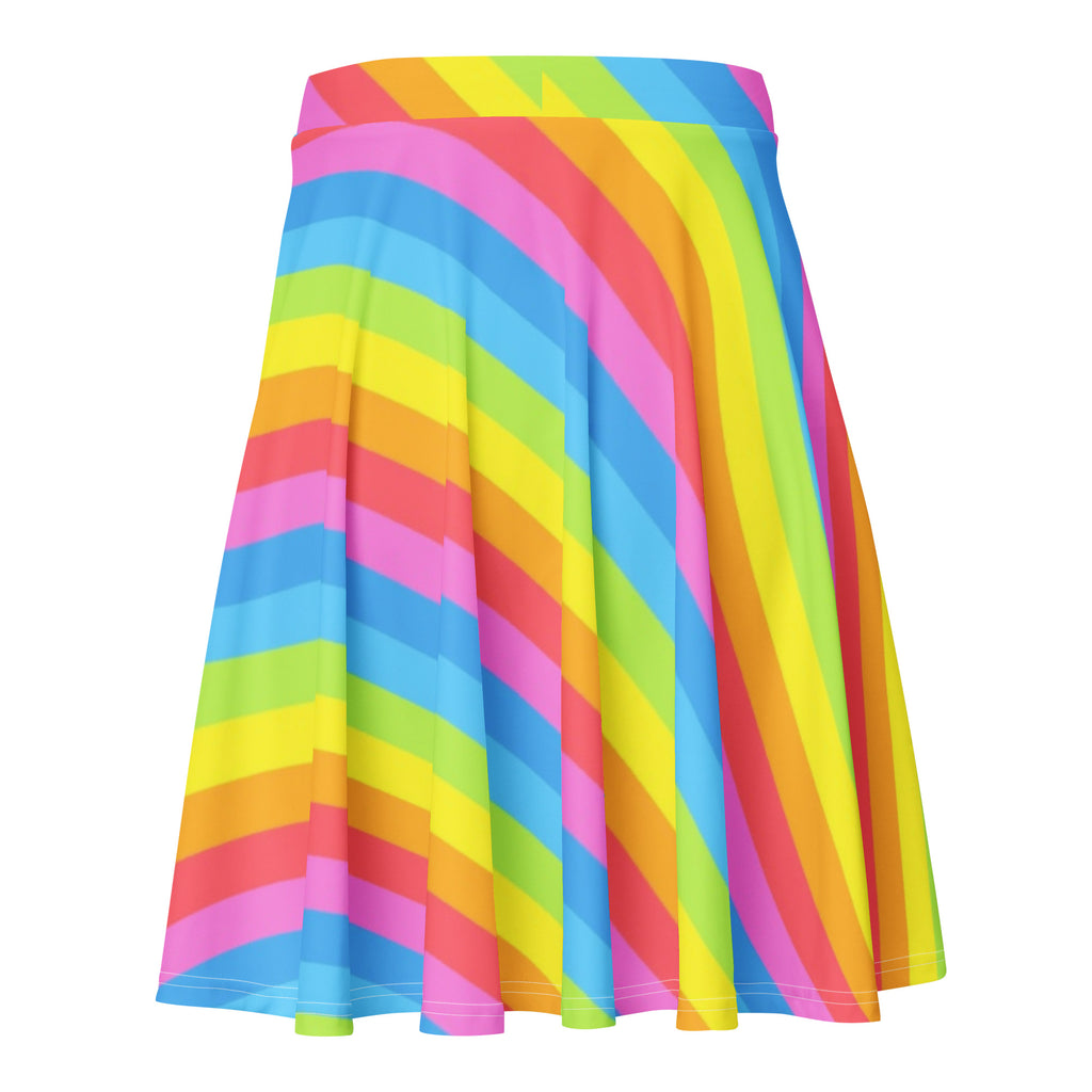 Women’s rainbow stripe skater skirt with vibrant diagonal stripes in bright colors made from recycled fabric with UPF 50+
