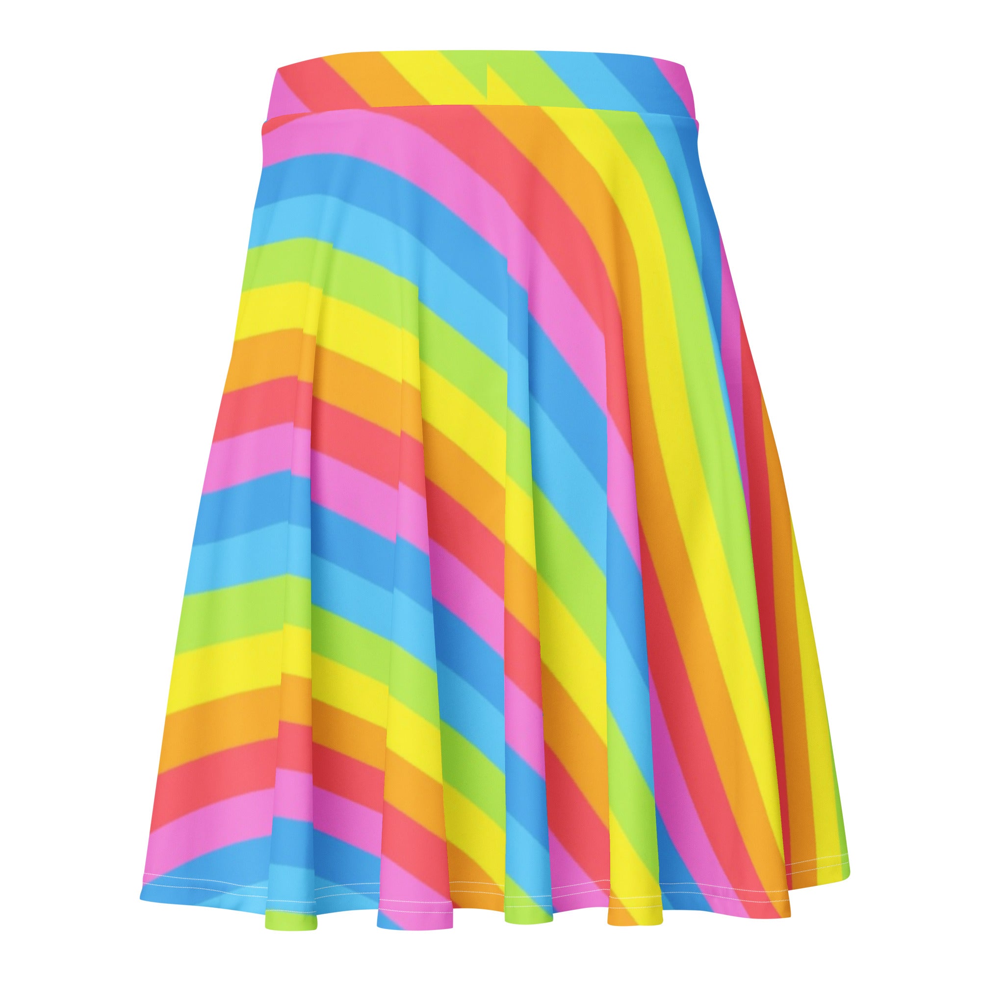 Women’s rainbow stripe skater skirt with vibrant diagonal stripes in bright colors made from recycled fabric with UPF 50+