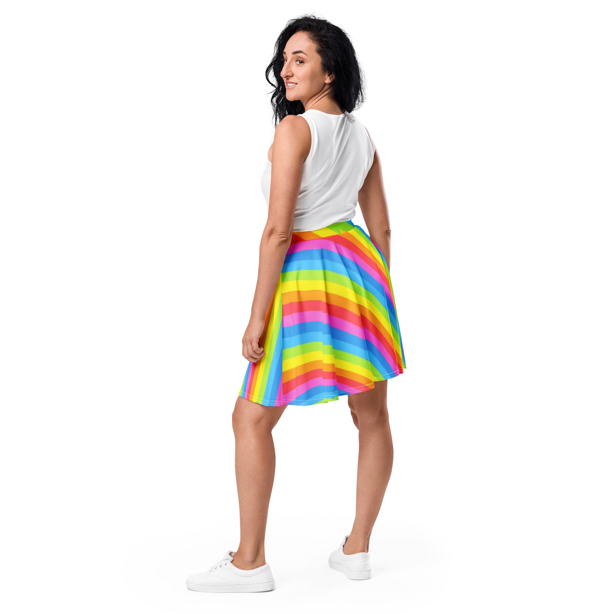 A vibrant rainbow stripe women’s skater skirt with flared hem flowy recycled fabric and UPF 50 plus protection