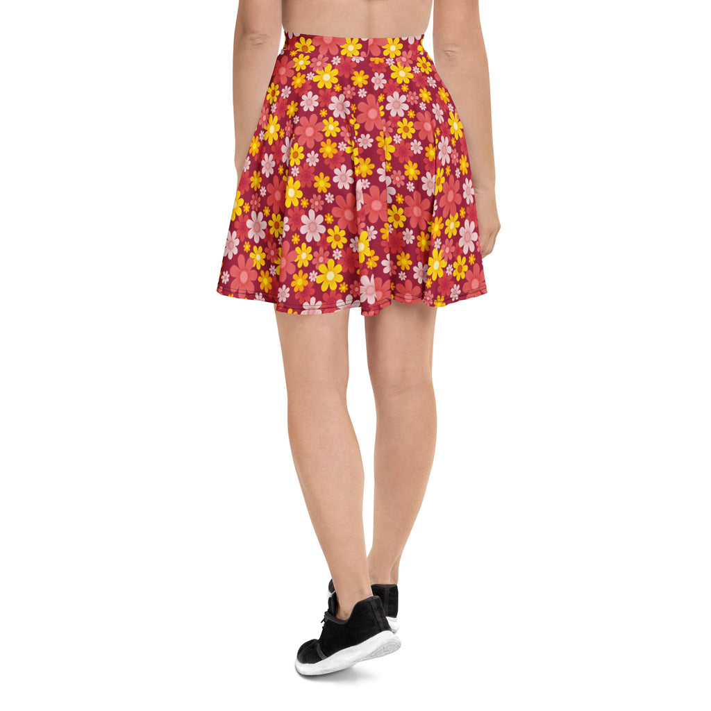 Women’s red retro floral skater skirt with vibrant pink yellow white flowers flowy high waisted recycled fabric upf 50+