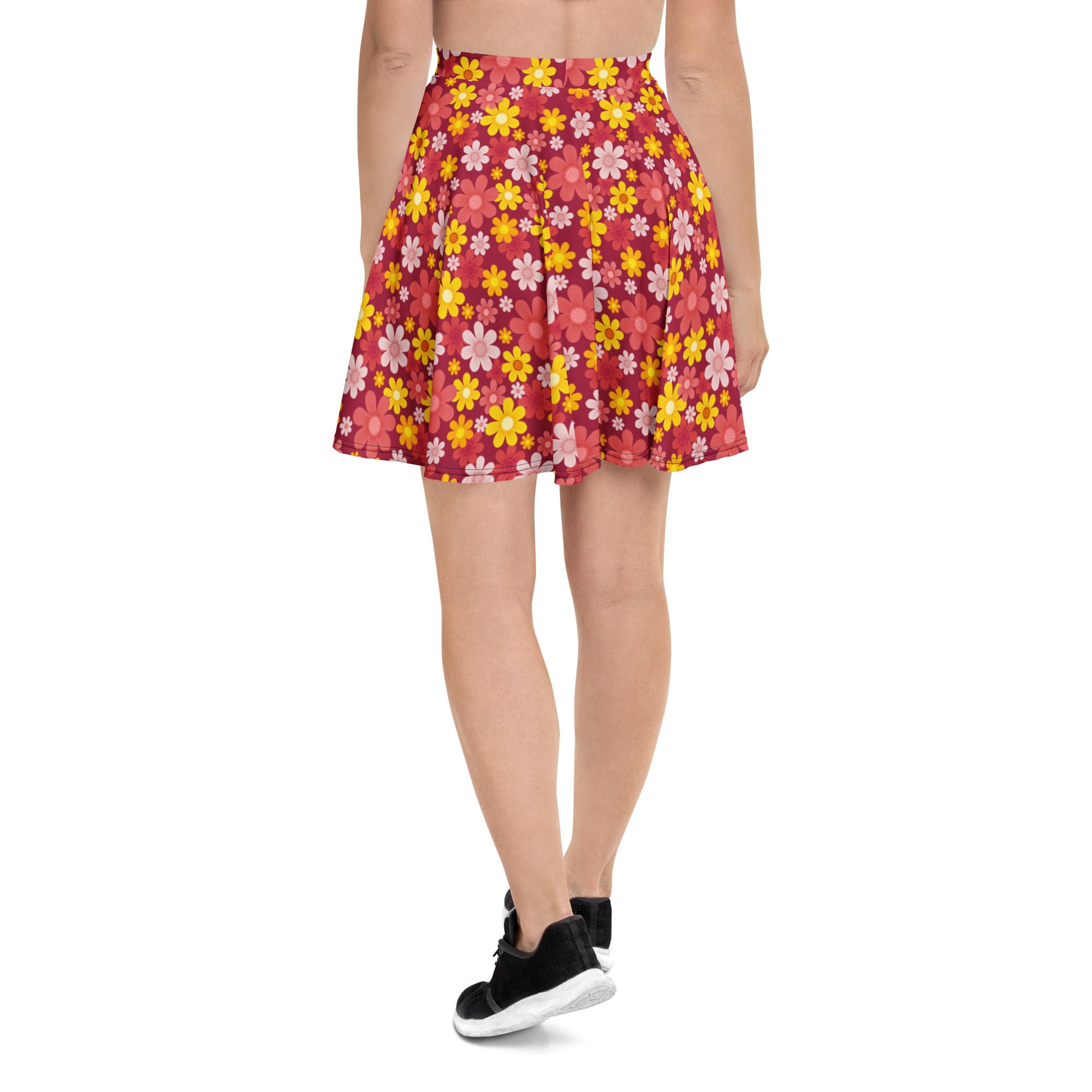 Women’s red retro floral skater skirt with vibrant pink yellow white flowers flowy high waisted recycled fabric upf 50+