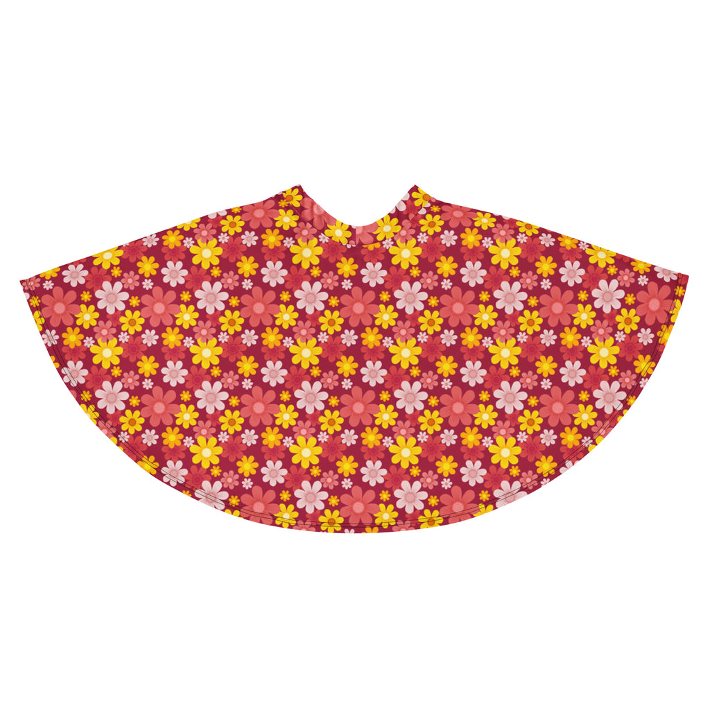 Women’s red retro floral cape with yellow pink and white flowers made from recycled fabric with upf 50 plus protection
