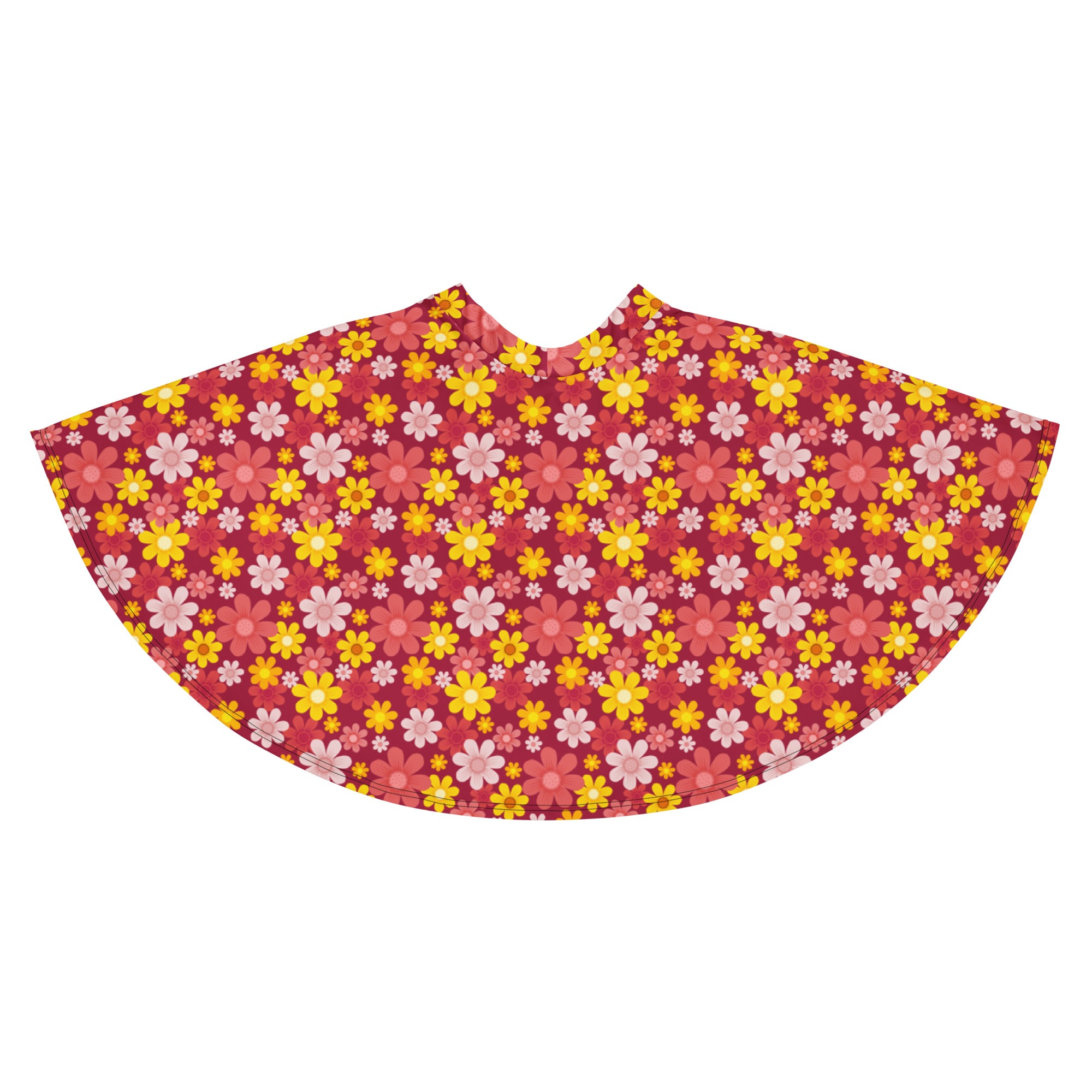 Women’s red retro floral cape with yellow pink and white flowers made from recycled fabric with upf 50 plus protection