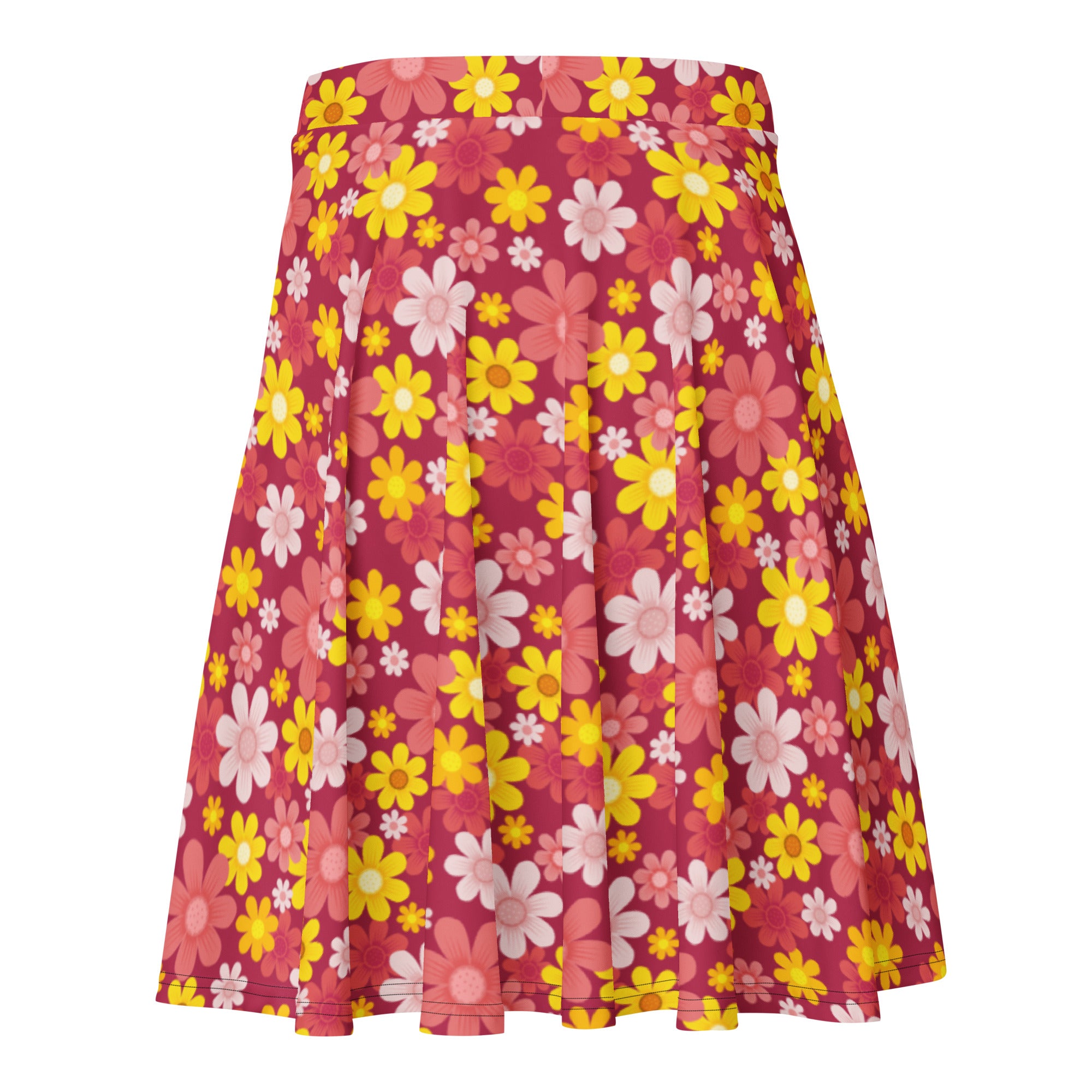 Women’s red retro floral skater skirt flowy high waisted pleated with vibrant pink fabric and yellow white pale pink flowers
