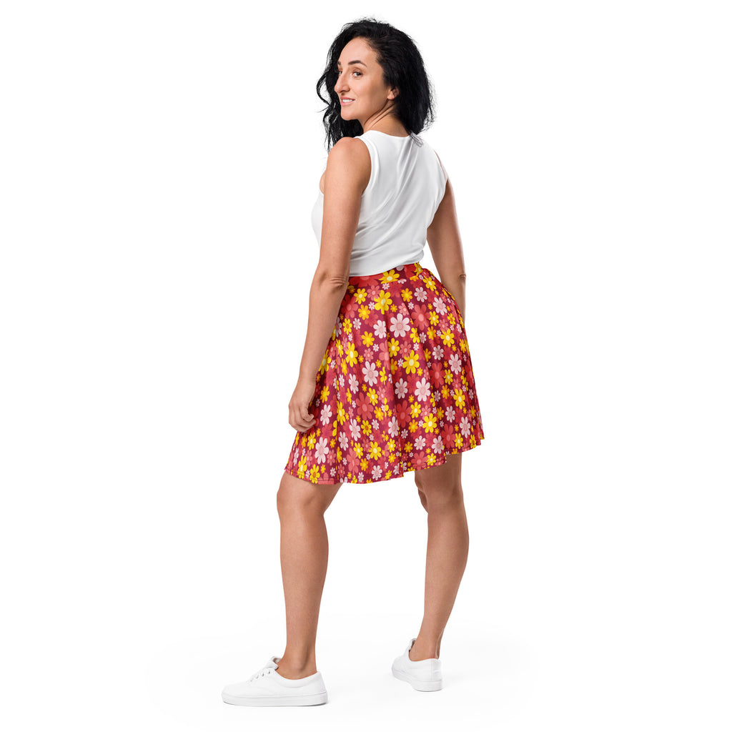 Women’s red retro floral skater skirt with yellow and pink flowers, flowy high waisted fabric, UPF 50 plus and recycled material