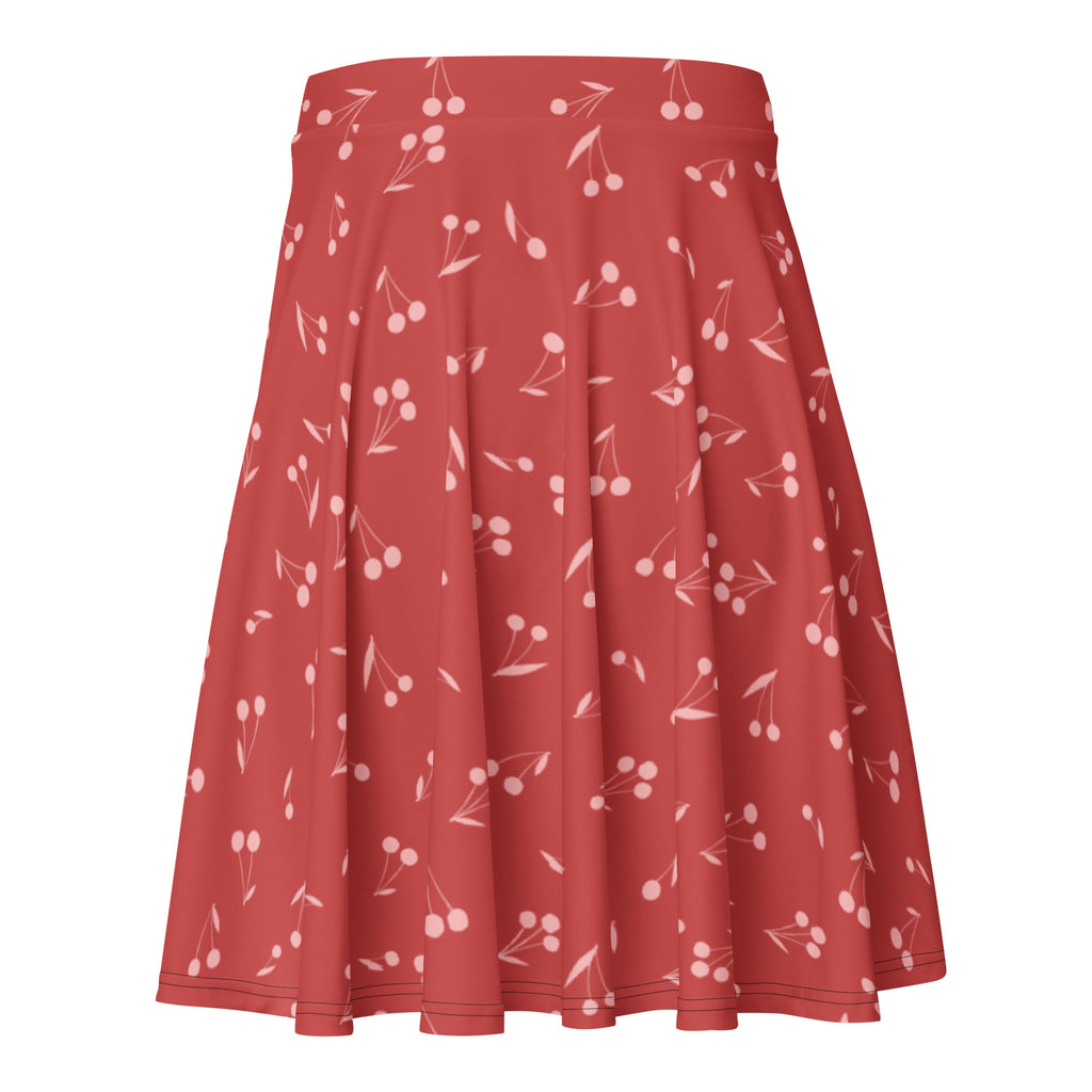 Women’s flared red skater skirt with delicate white cherry print flowy high waisted upf 50 plus recycled fabric