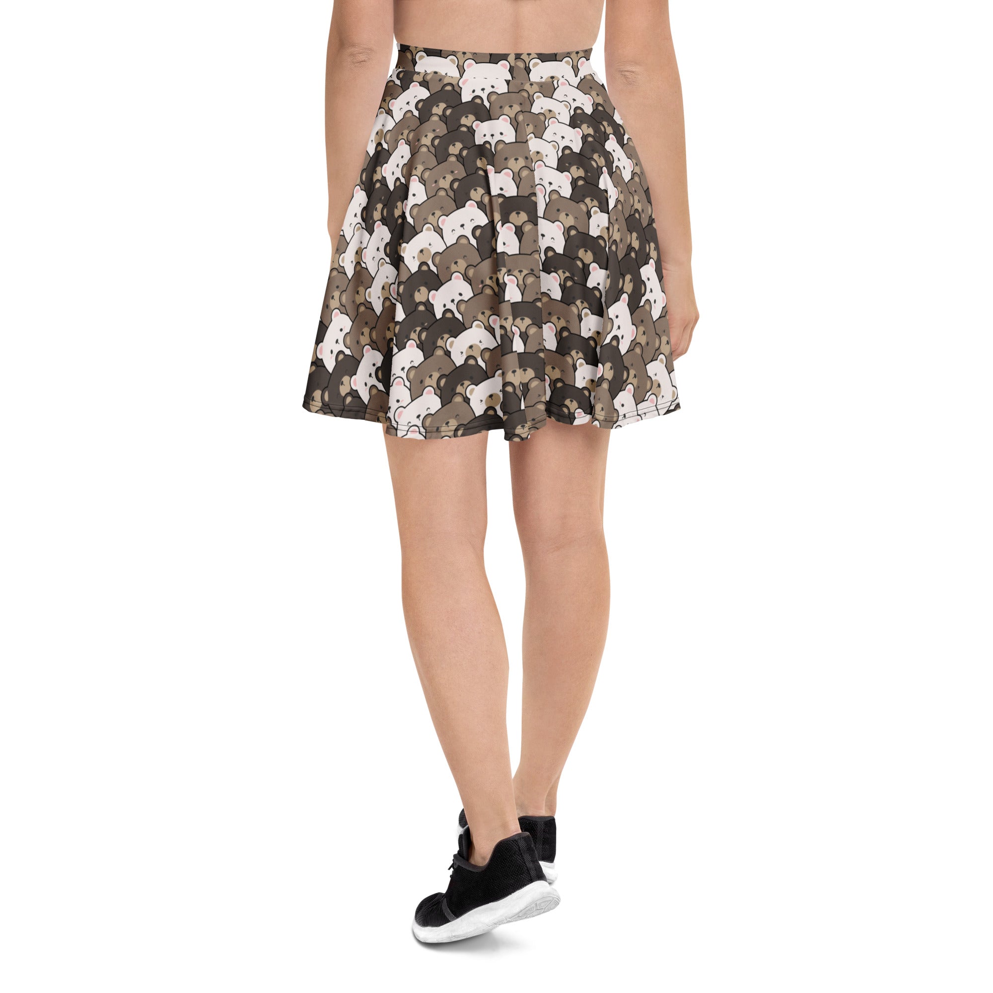 Women’s cute bear skater skirt with flared design white and brown cartoon bears on dark recycled fabric with UPF 50+