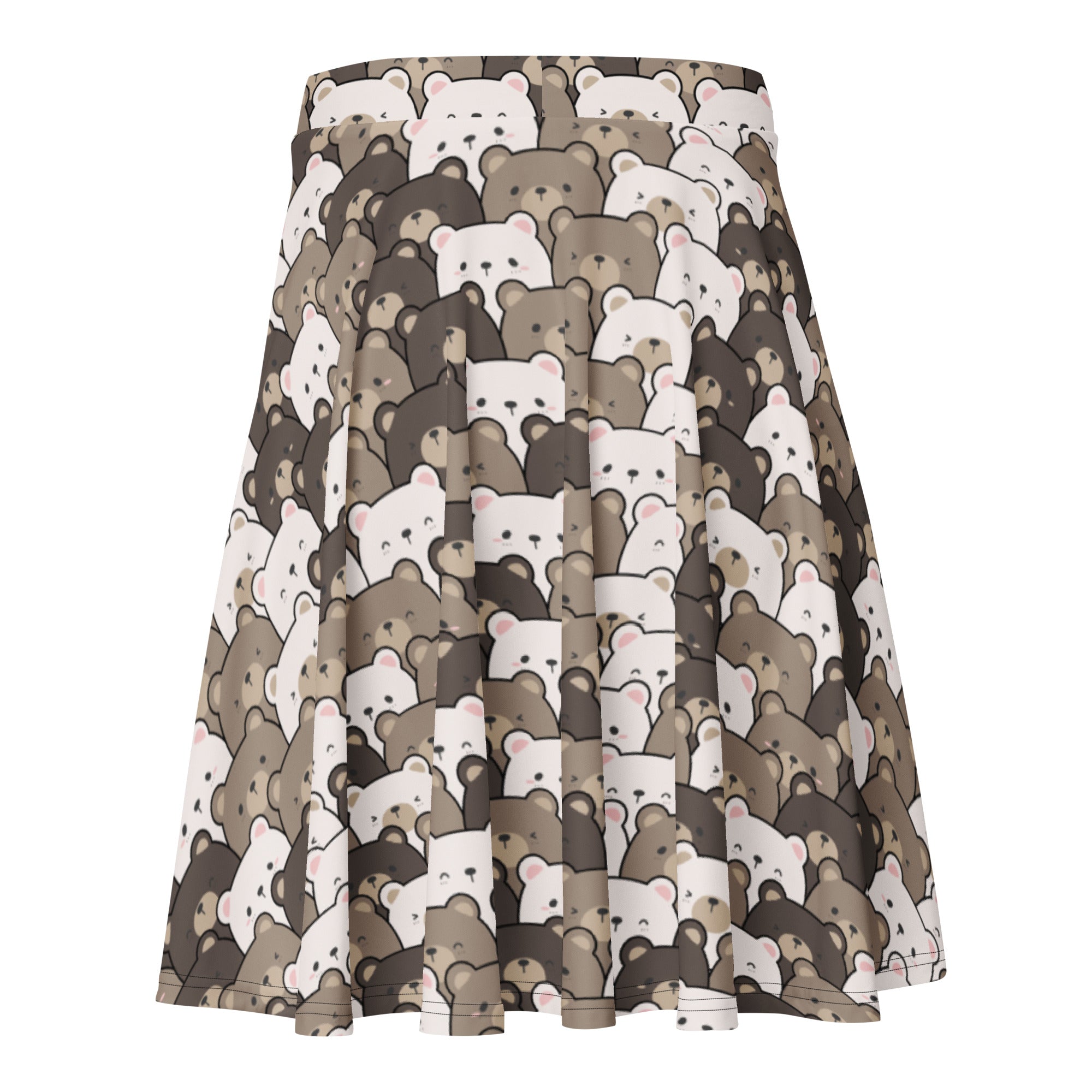 A pleated womens cute bear skater skirt with playful brown and white cartoon bear pattern made from recycled fabric