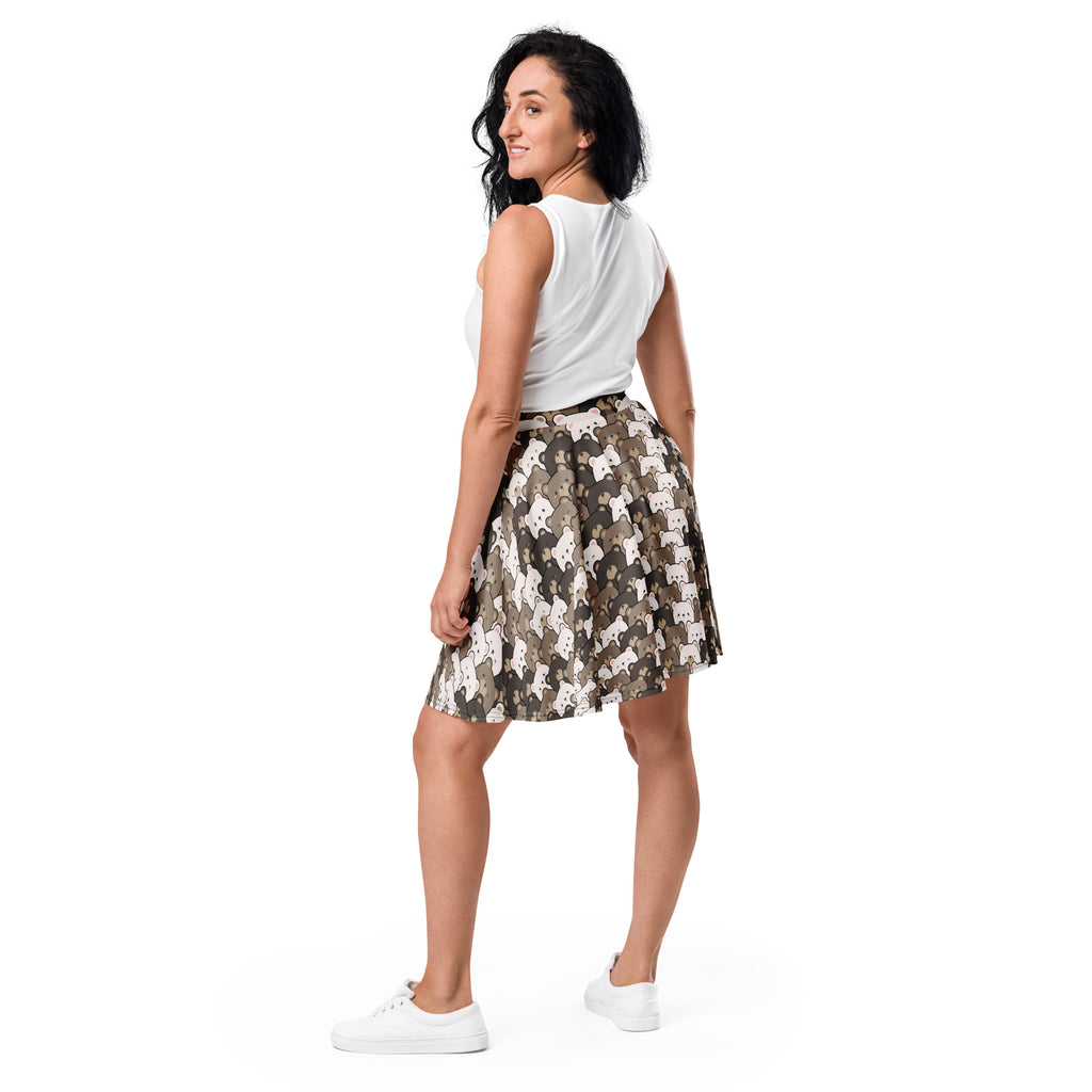 Women’s cute bear skater skirt with pleated camouflage pattern and white dog silhouettes made from lightweight recycled fabric