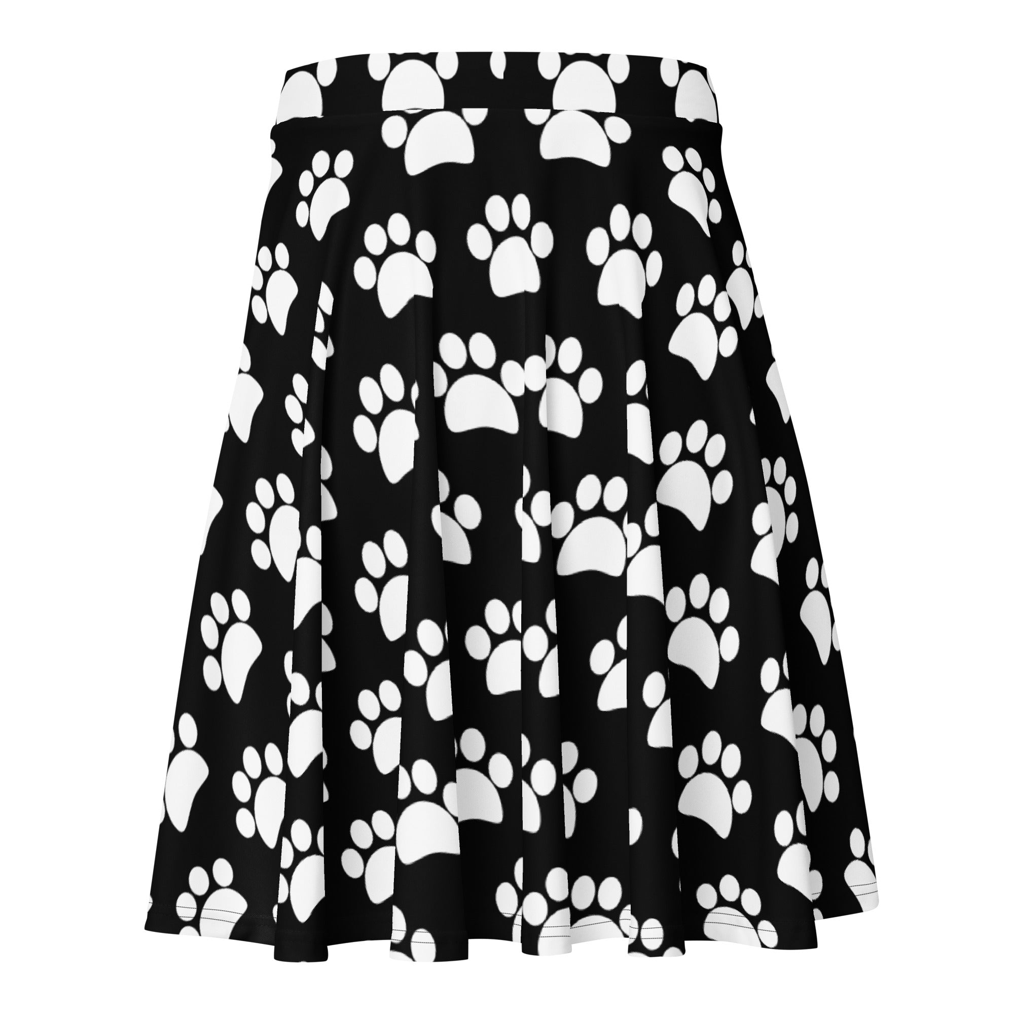 Women’s black paw print skater skirt with white paw pattern high waisted flowy recycled fabric upf 50+