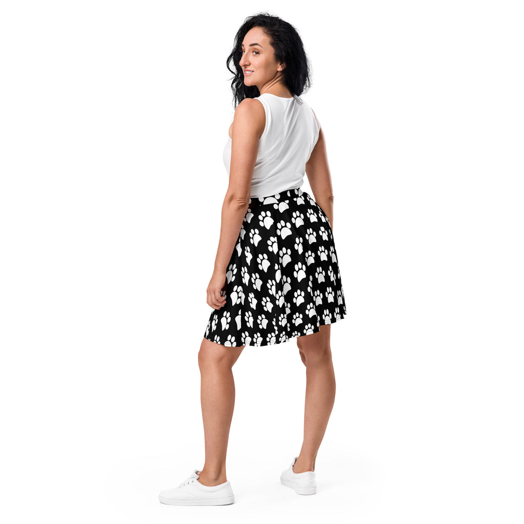 Women’s black and white paw print skater skirt high waisted flowy with upf 50+ made from recycled fabric