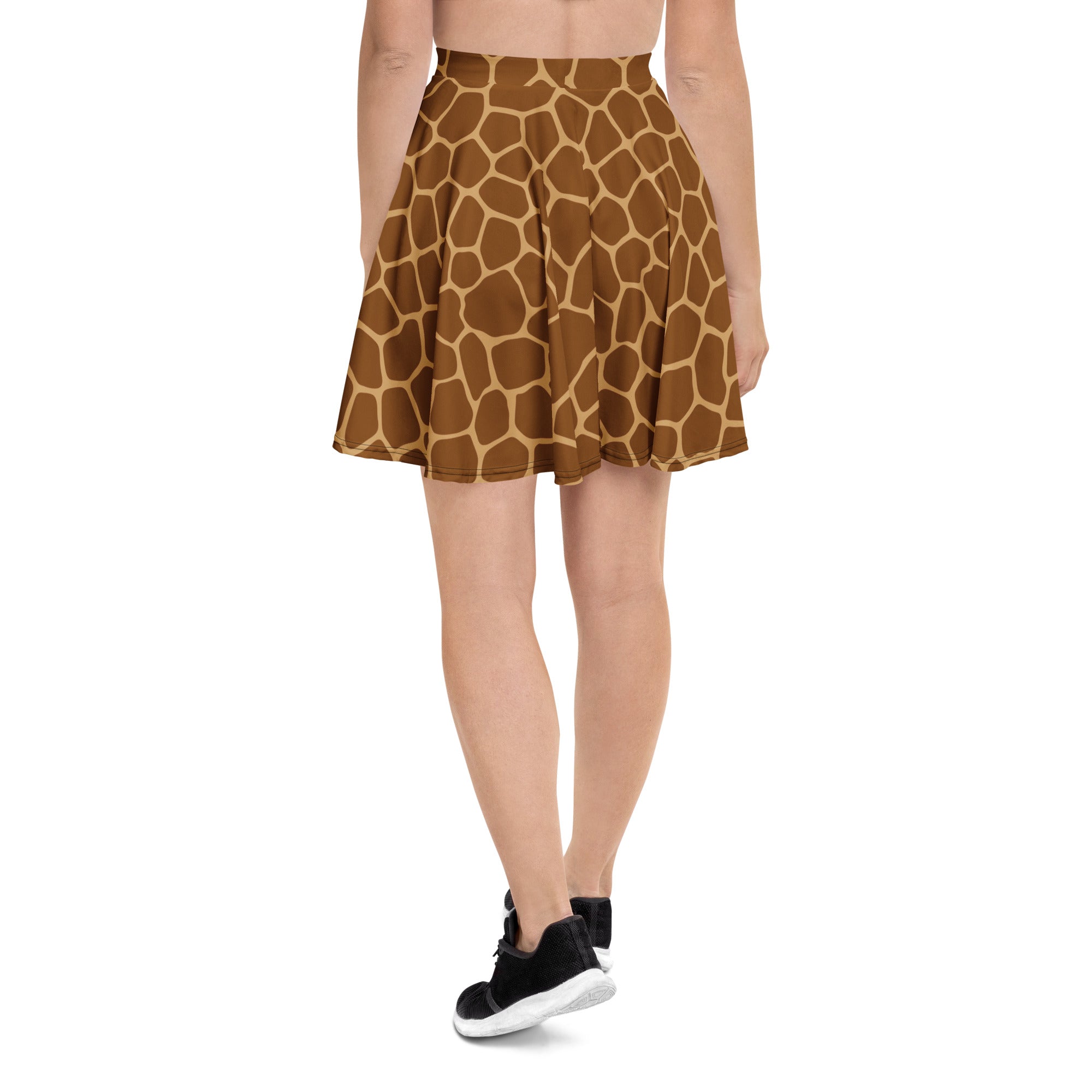 A flared brown giraffe print skater skirt with a high waisted design soft pleats upf 50 plus recycled fabric