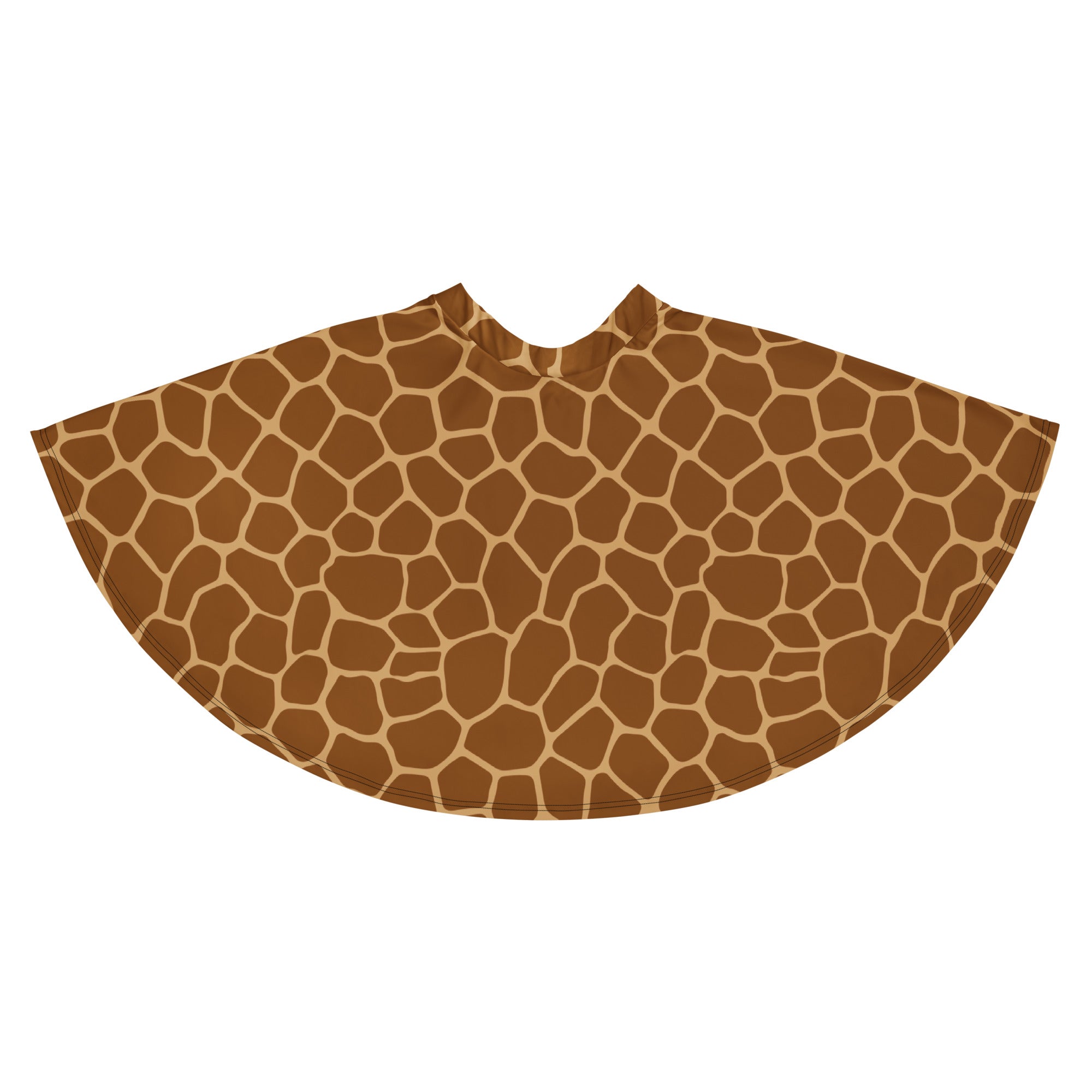 A brown giraffe print womens skater skirt with flowy high waisted design recycled fabric and upf 50 plus protection