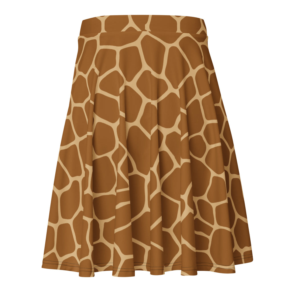 Women’s flared skater skirt with bold tan and brown giraffe print made from recycled fabric with upf 50+ protection