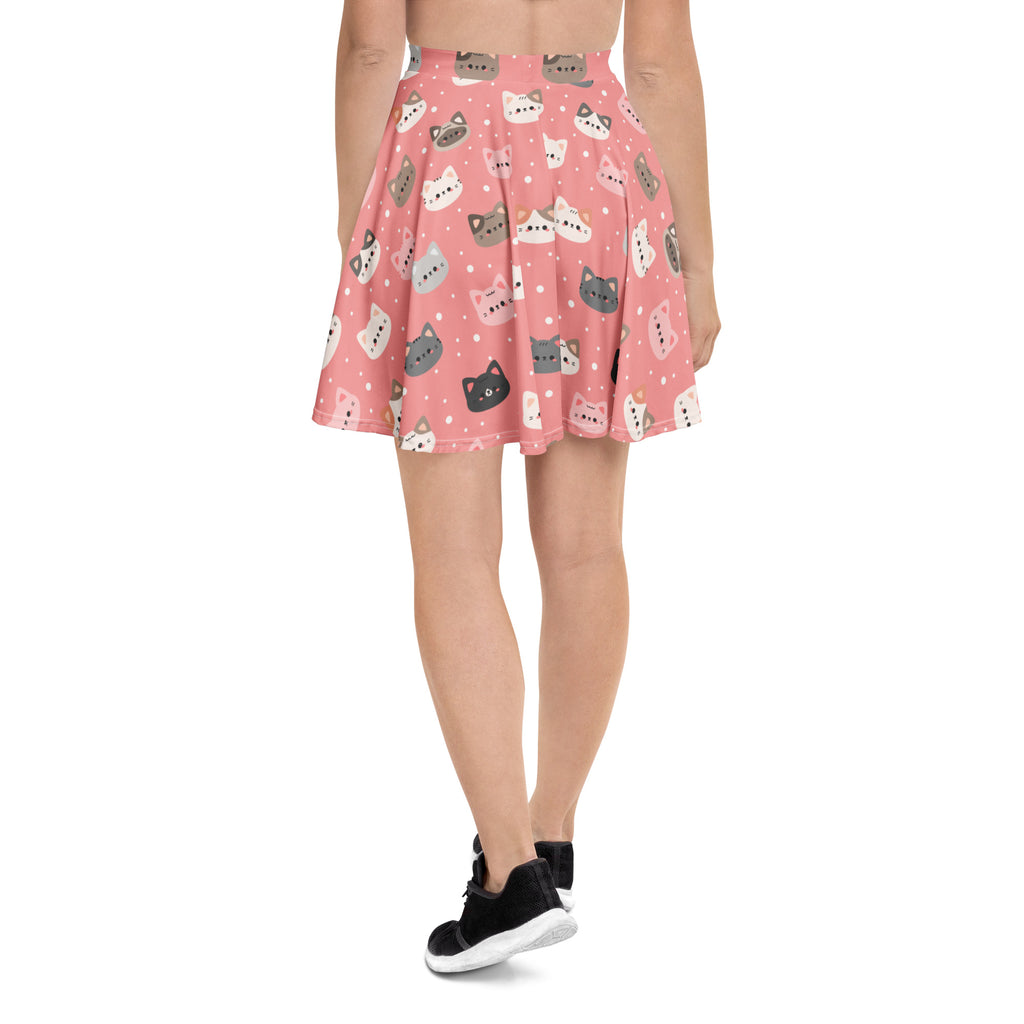 Women’s cute pink cat faces skater skirt featuring colorful cartoon cats with flowy high waisted recycled fabric and upf 50+