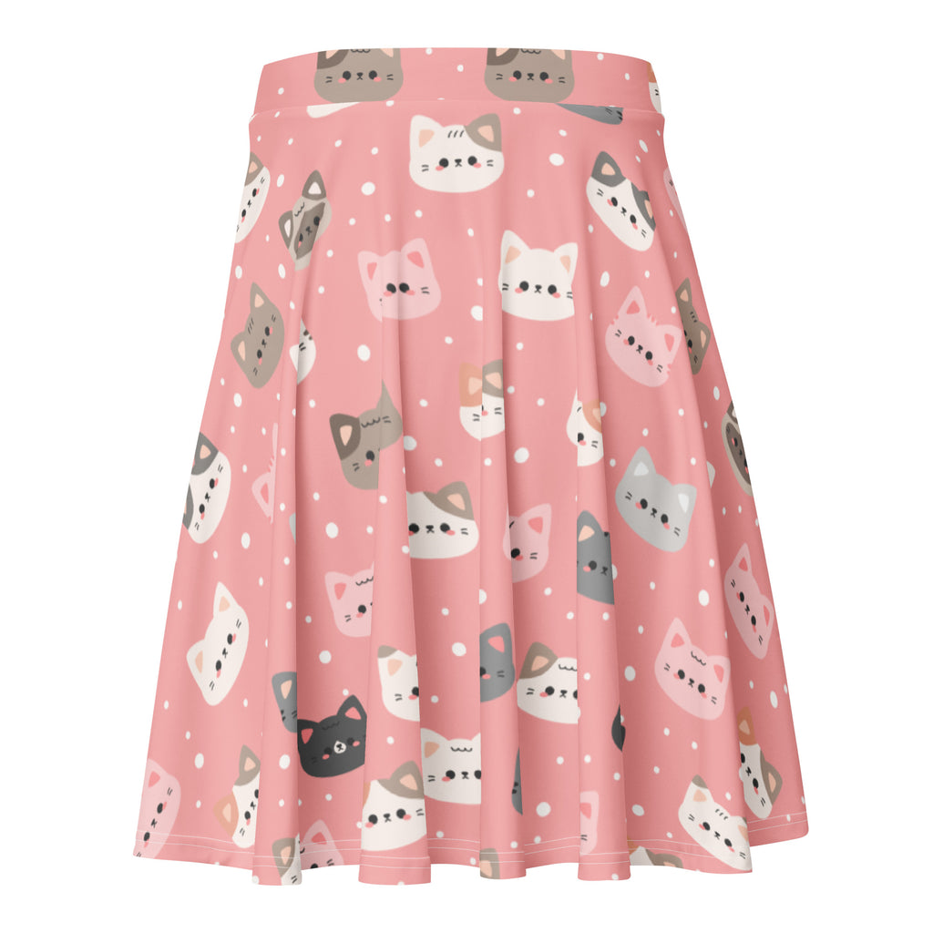 Women’s cute pink cat faces skater skirt with playful cartoon cats, polka dots, high waisted flowy recycled fabric with upf 50+
