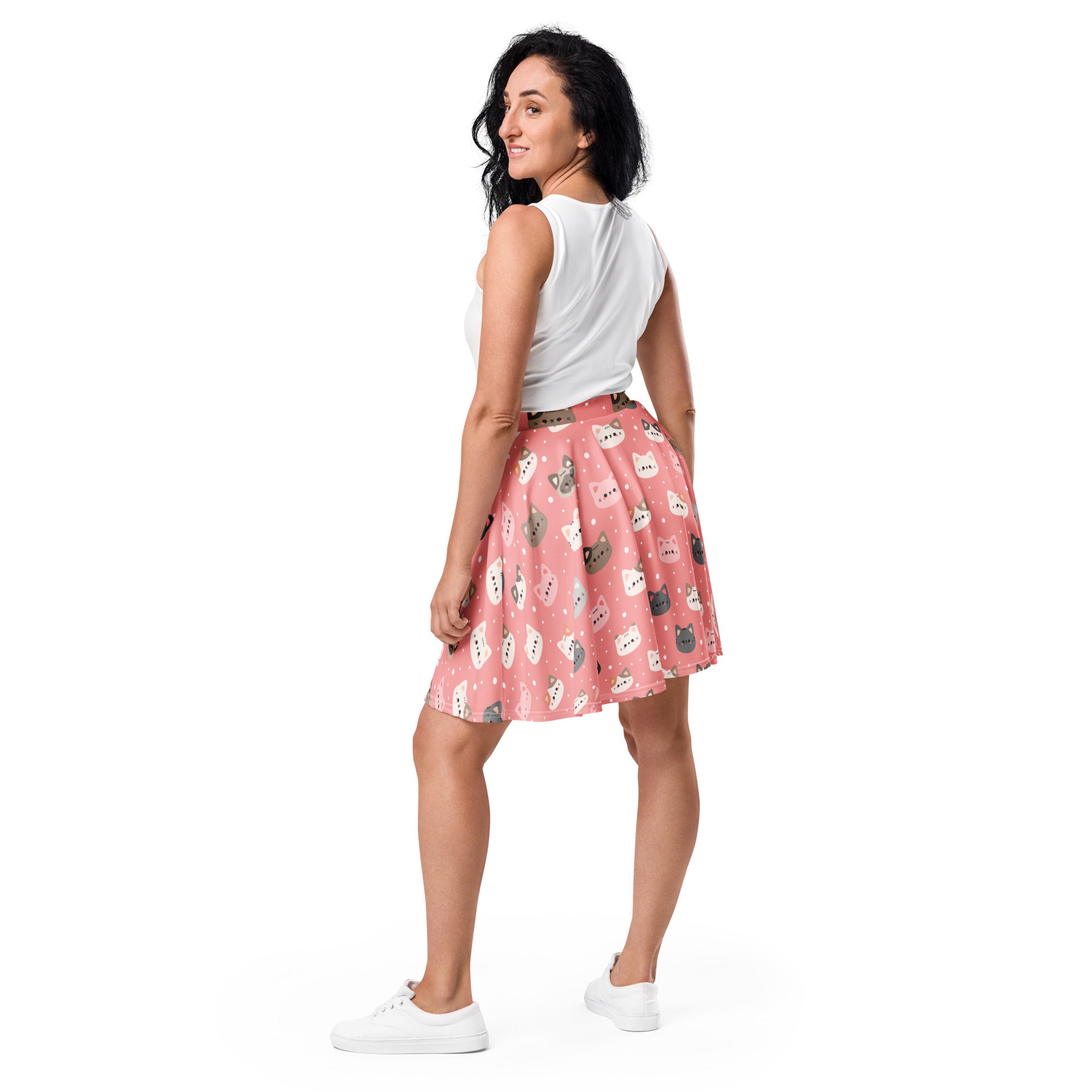 Women’s cute pink cat faces skater skirt with pleats flowy high waisted upf 50 plus recycled fabric