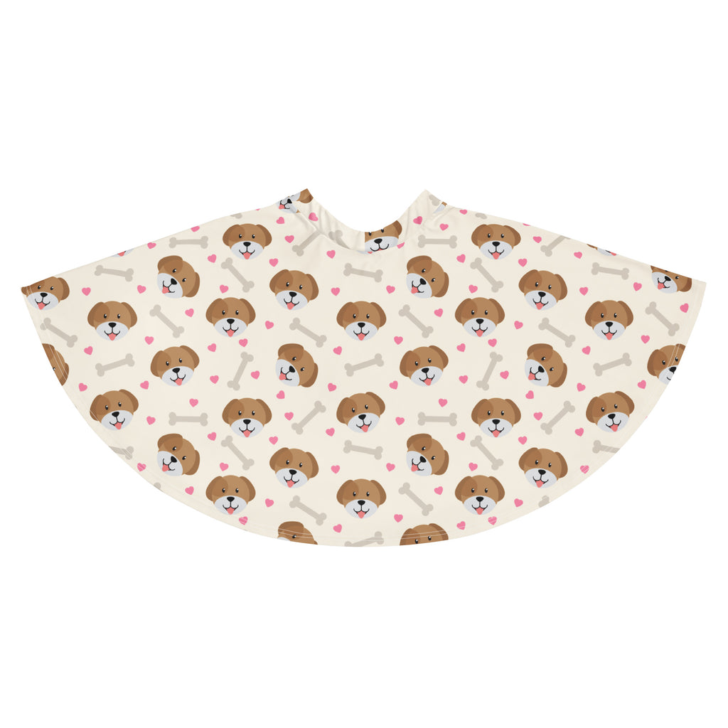 A cream-colored dog-themed women’s skater skirt with brown cartoon dogs pink hearts gray bones flowy high waisted fabric