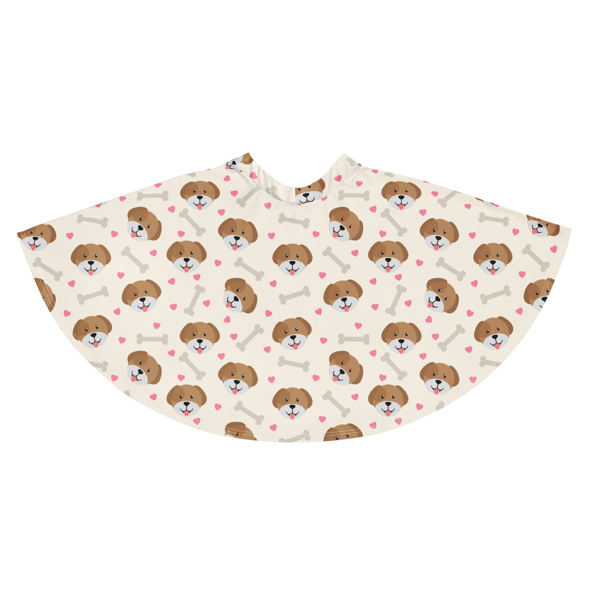 A cream-colored dog-themed women’s skater skirt with brown cartoon dogs pink hearts gray bones flowy high waisted fabric