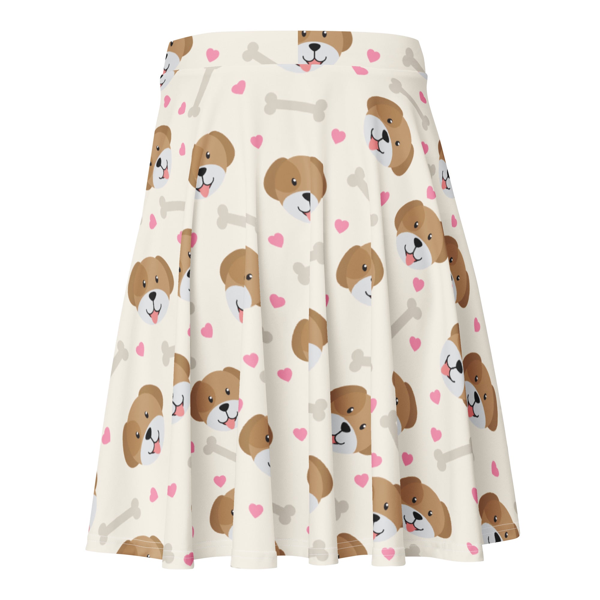 A cream pleated skater skirt with brown puppy faces pink hearts gray bones made from recycled fabric with UPF 50 plus