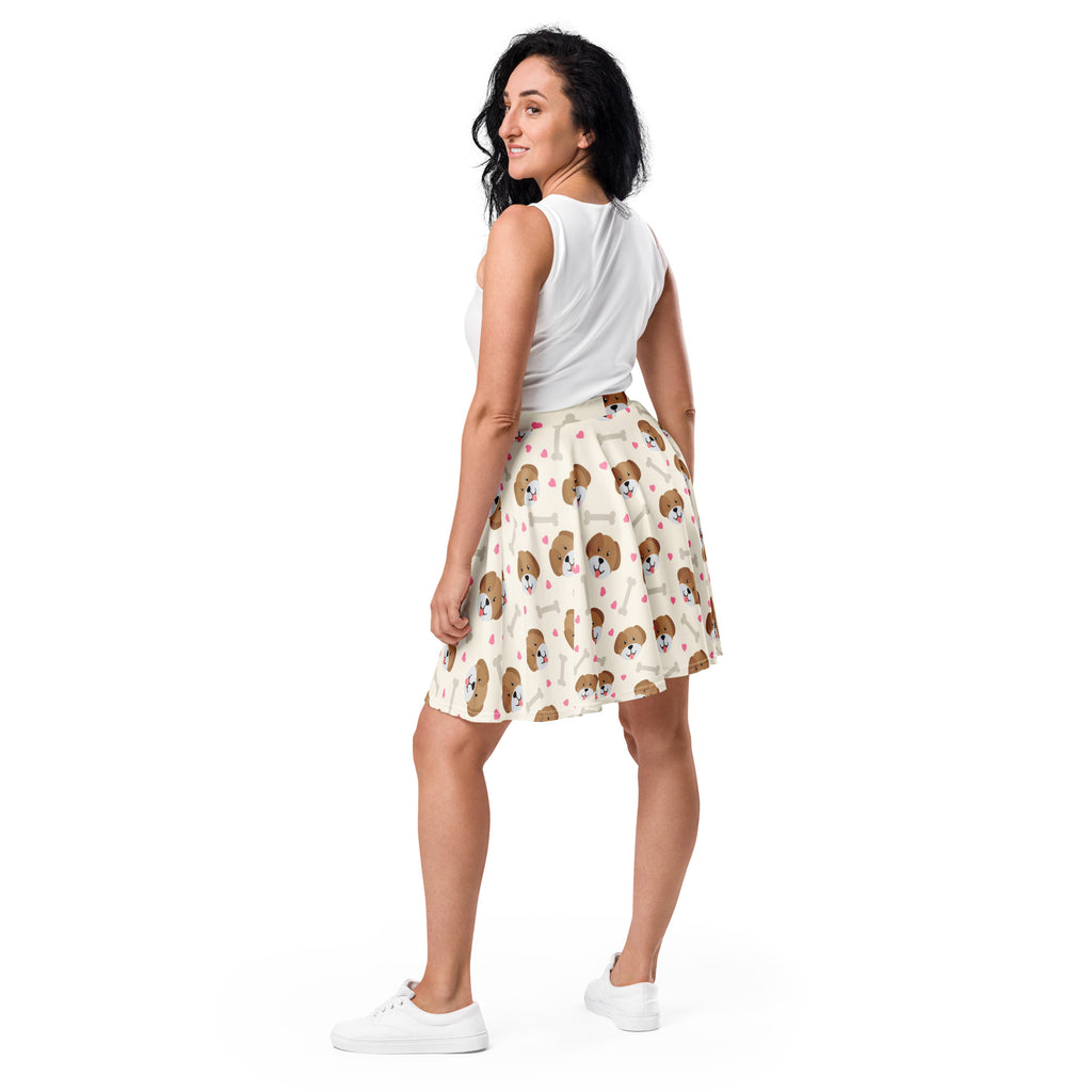 Women’s cute dog print skater skirt with brown beagle faces pink hearts off-white flowy high waisted recycled fabric upf 50+