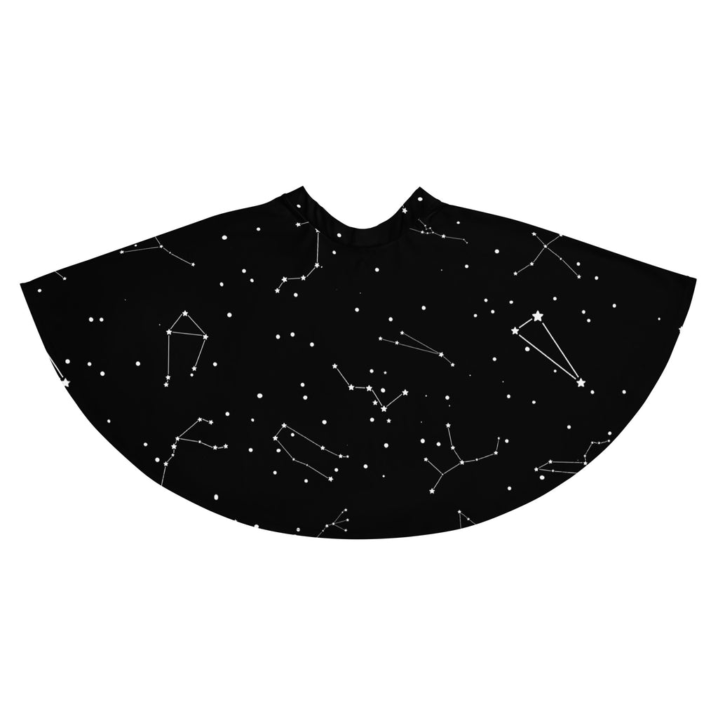Black cape with white star and constellation patterns featuring flowy high waist and recycled fabric design