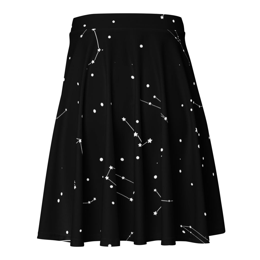 Black pleated women’s skater skirt with white constellation print made from recycled fabric featuring UPF 50 plus protection